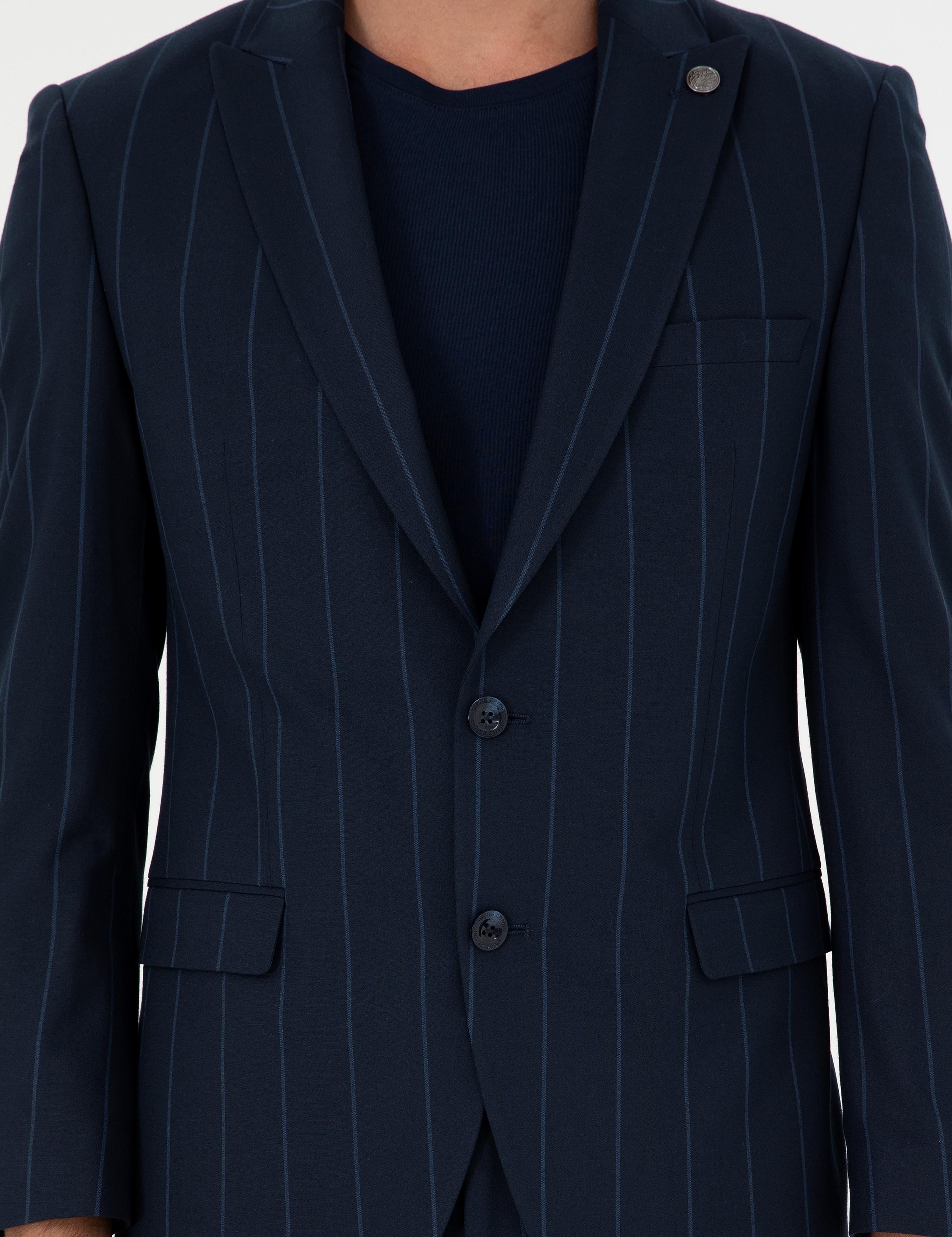 Lacivert Ex. Slim Fit Çizgili Takım Elbise