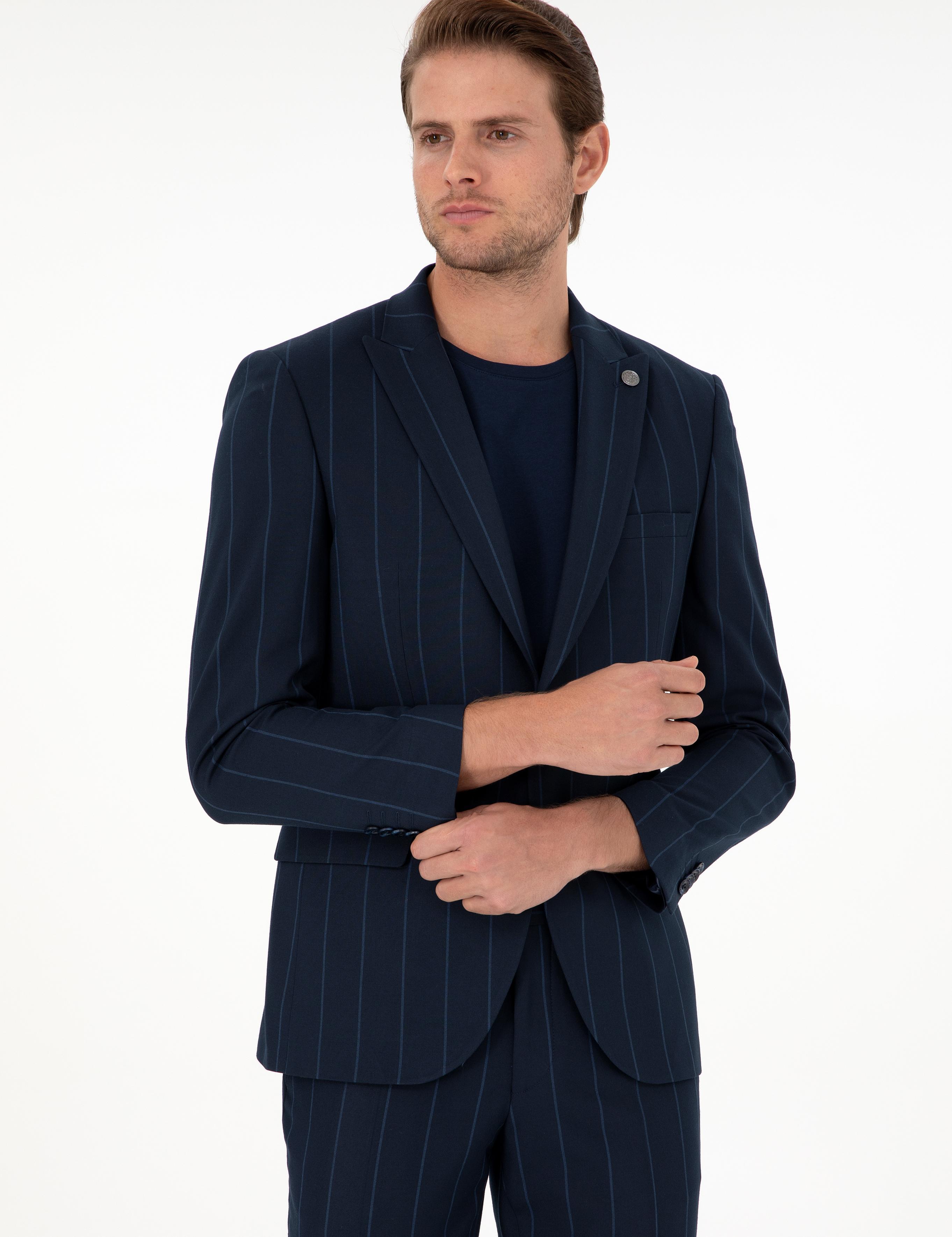 Lacivert Ex. Slim Fit Çizgili Takım Elbise