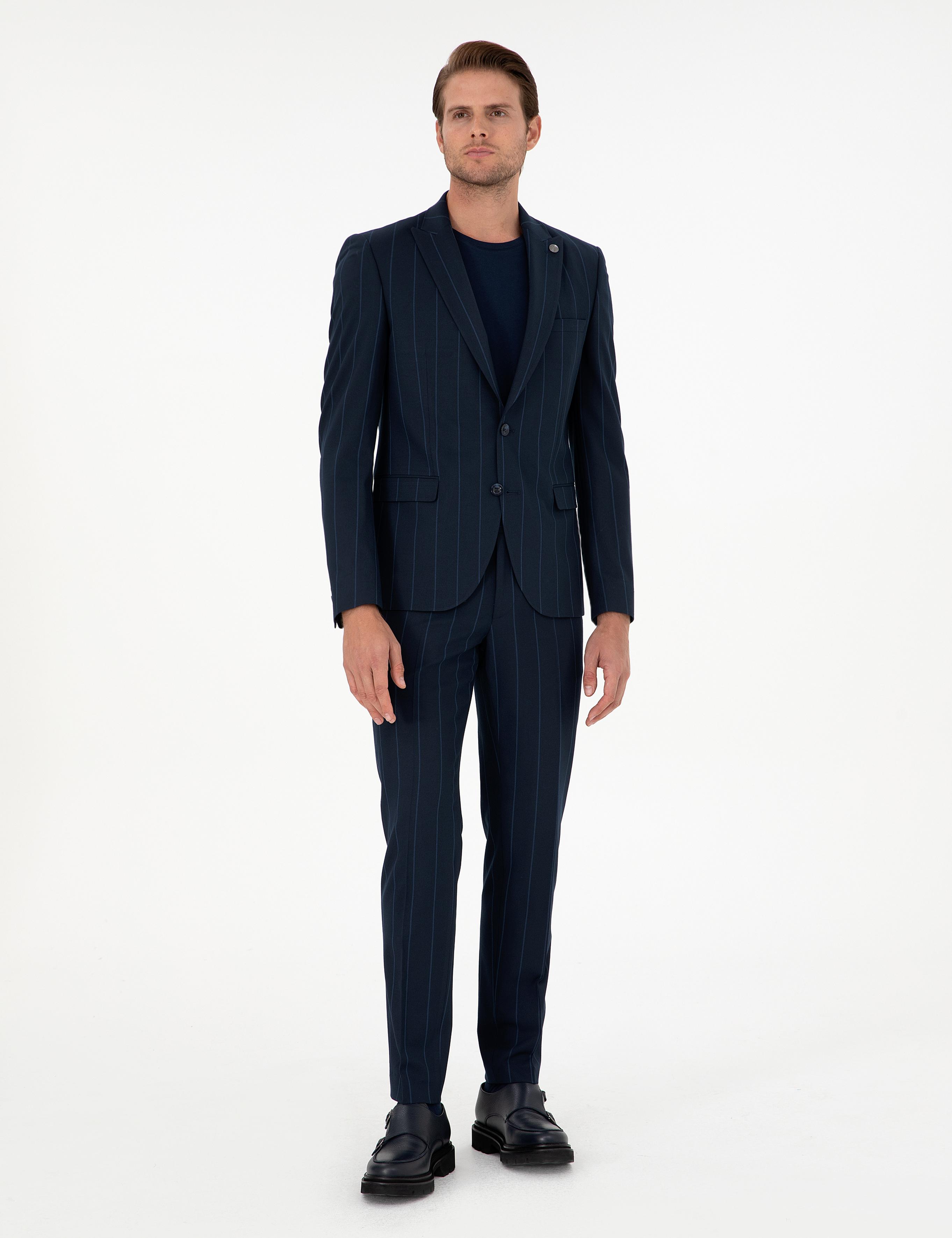 Lacivert Ex. Slim Fit Çizgili Takım Elbise
