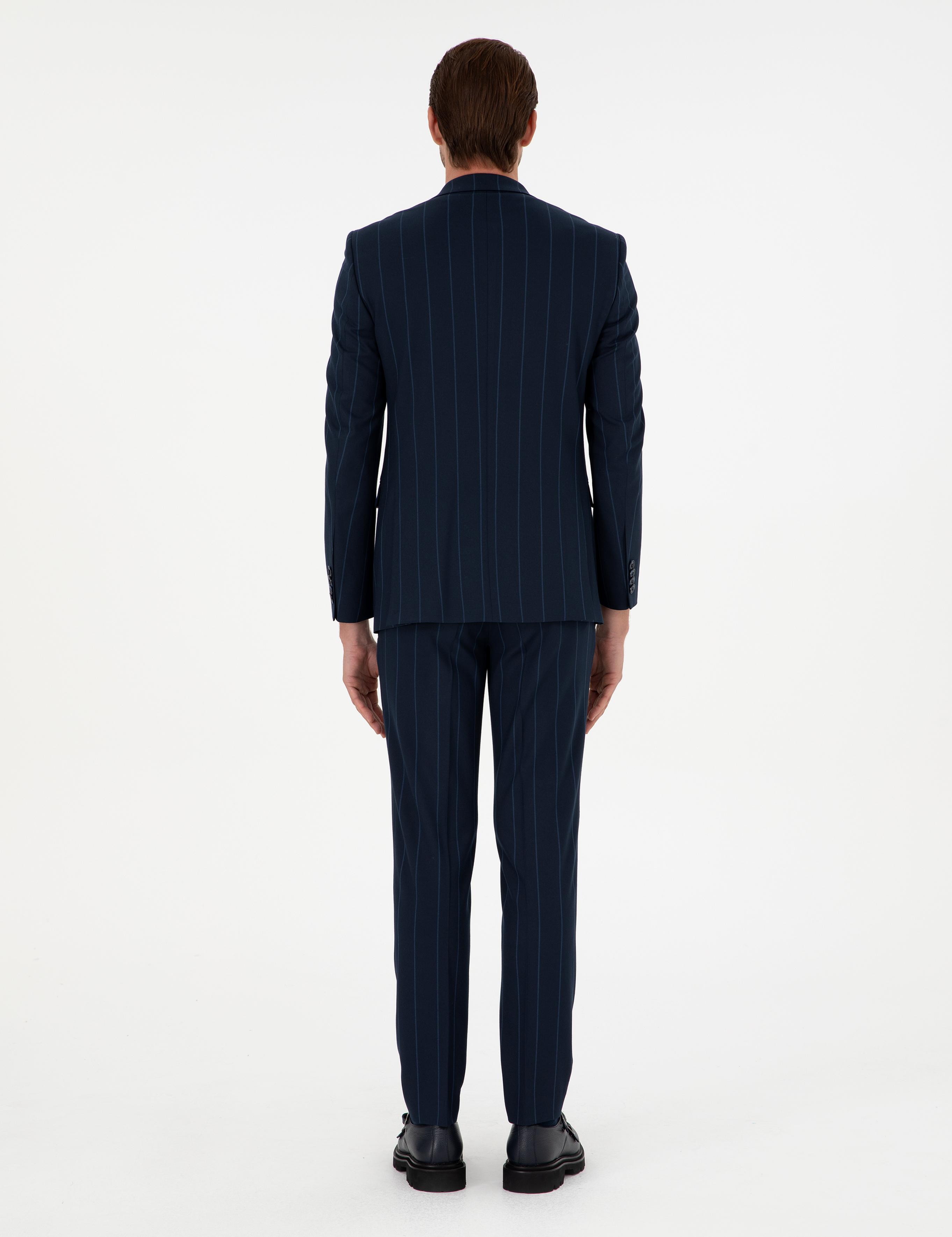 Lacivert Ex. Slim Fit Çizgili Takım Elbise