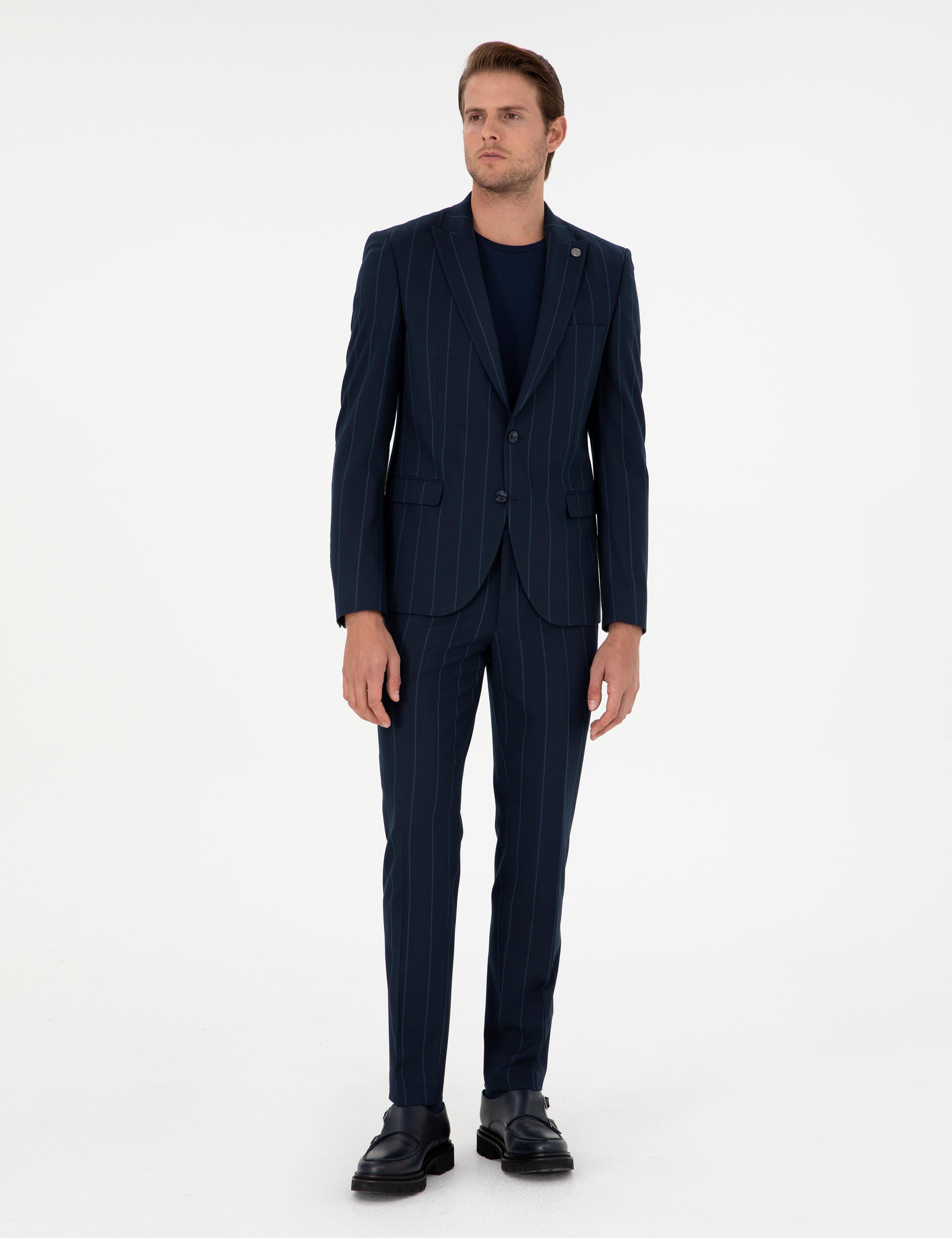Lacivert Ex. Slim Fit Çizgili Takım Elbise