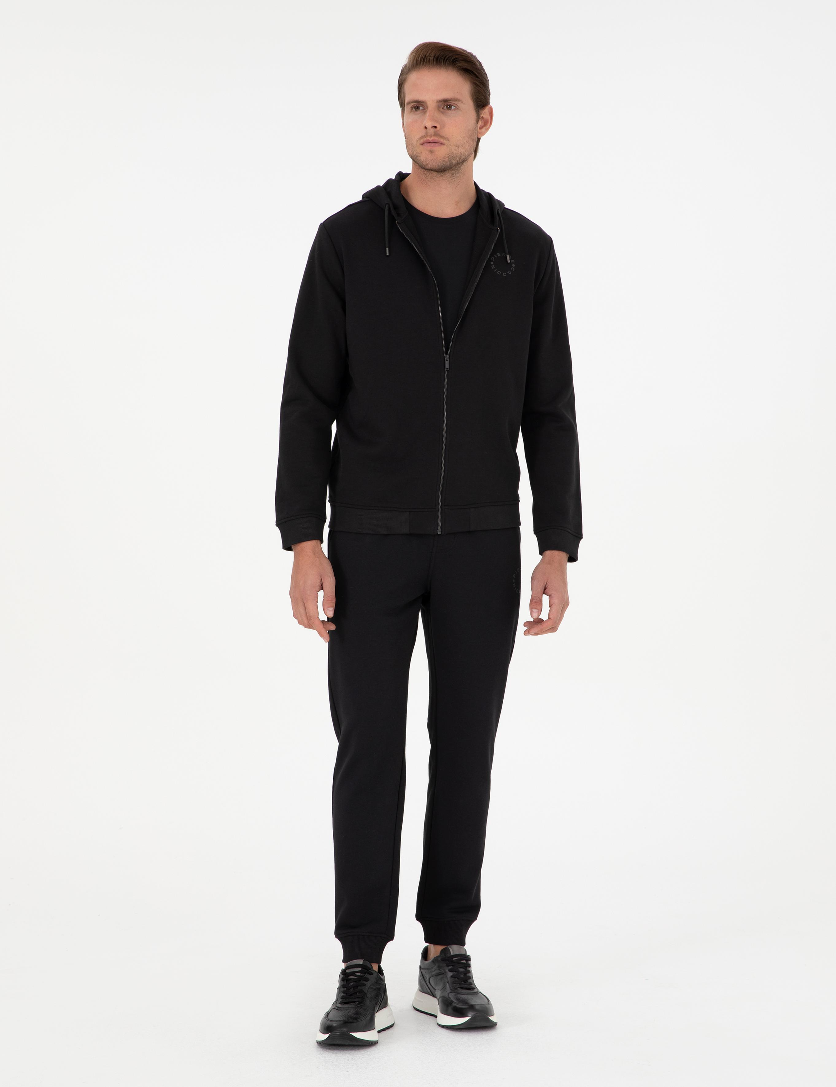 Siyah Slim Fit 3 İplik Paçası Lastikli Eşofman Altı