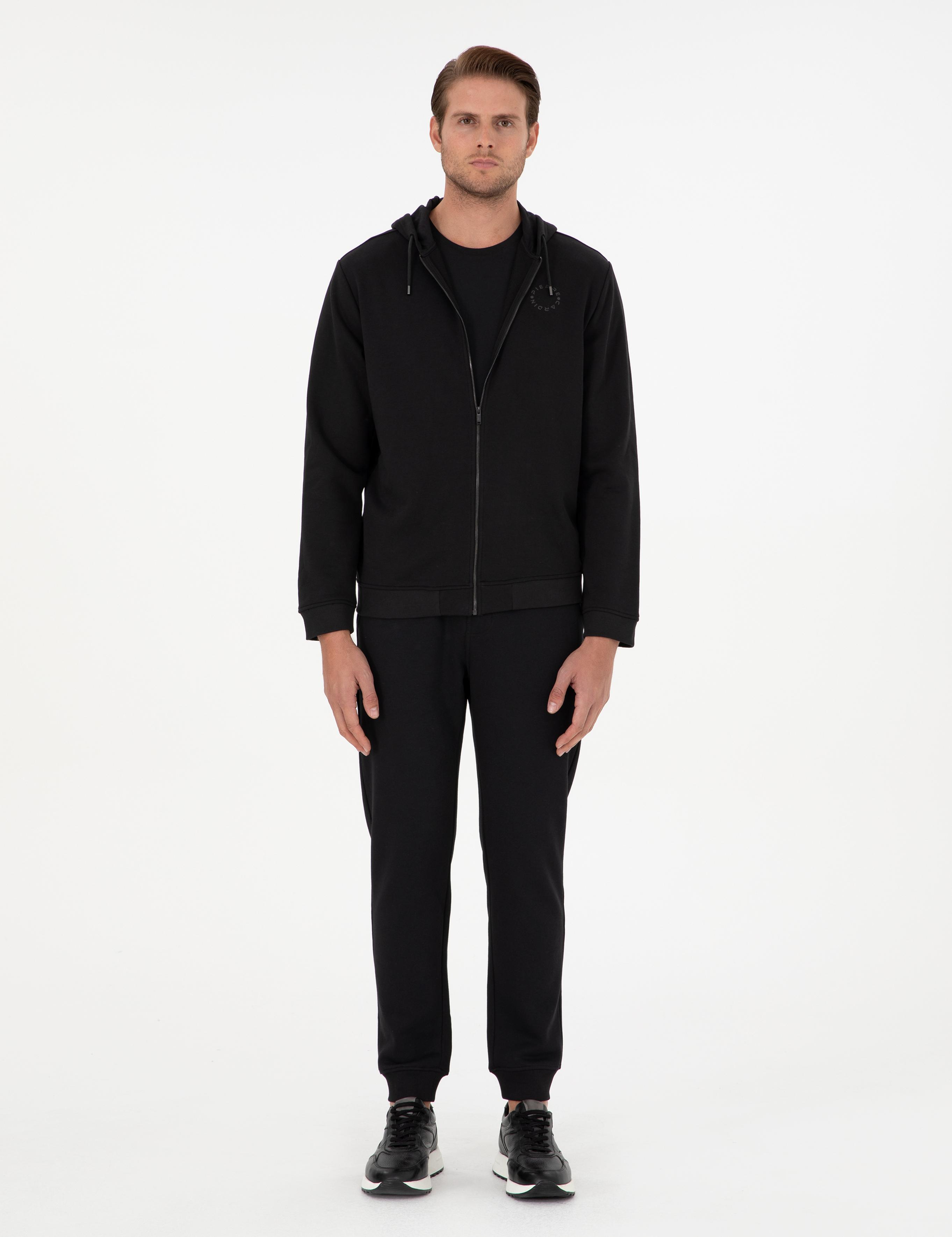 Siyah Slim Fit 3 İplik Paçası Lastikli Eşofman Altı