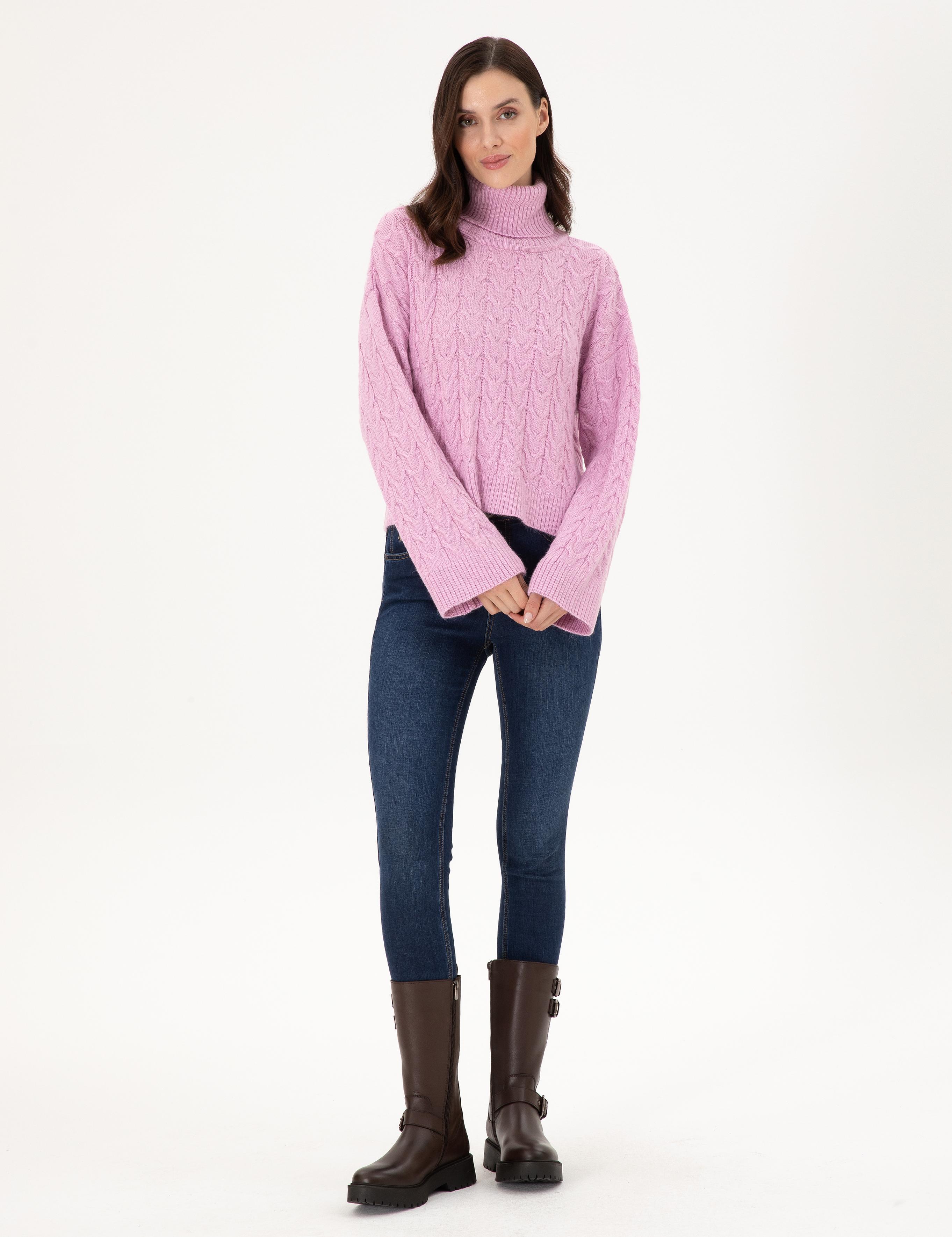 Lila Crop Top Balıkçı Yaka Kazak