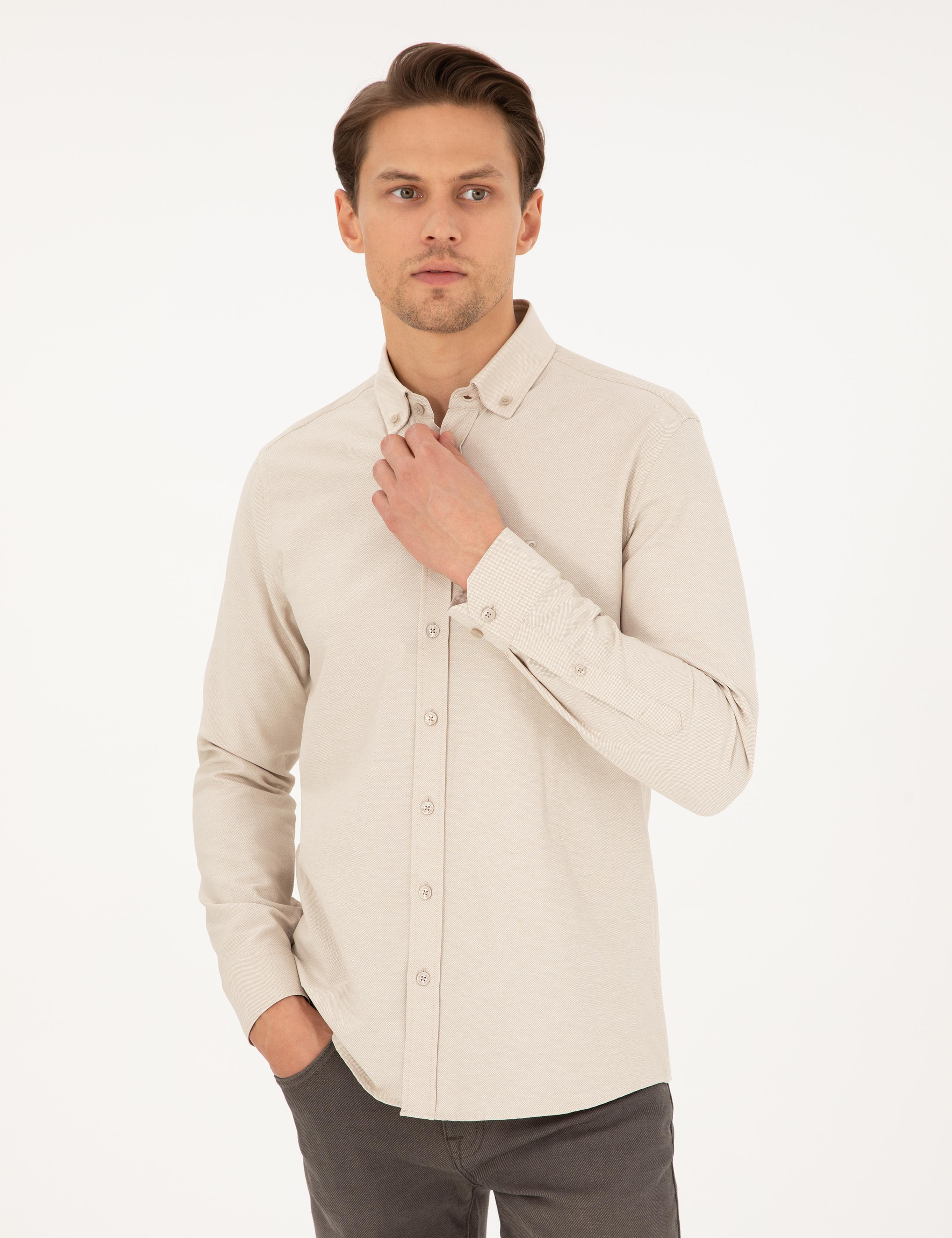 Bej Slim Fit Uzun Kollu Gömlek