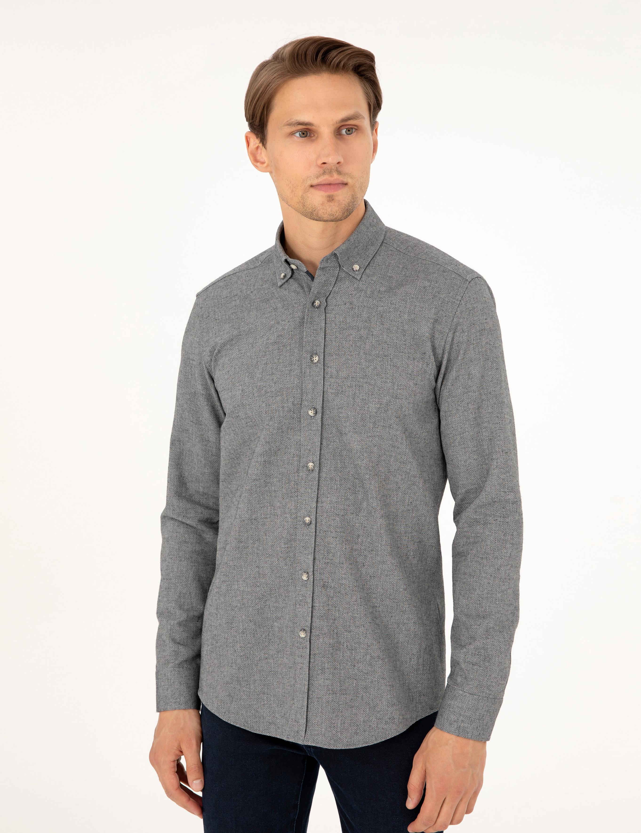 Gri Slim Fit Uzun Kollu Gömlek
