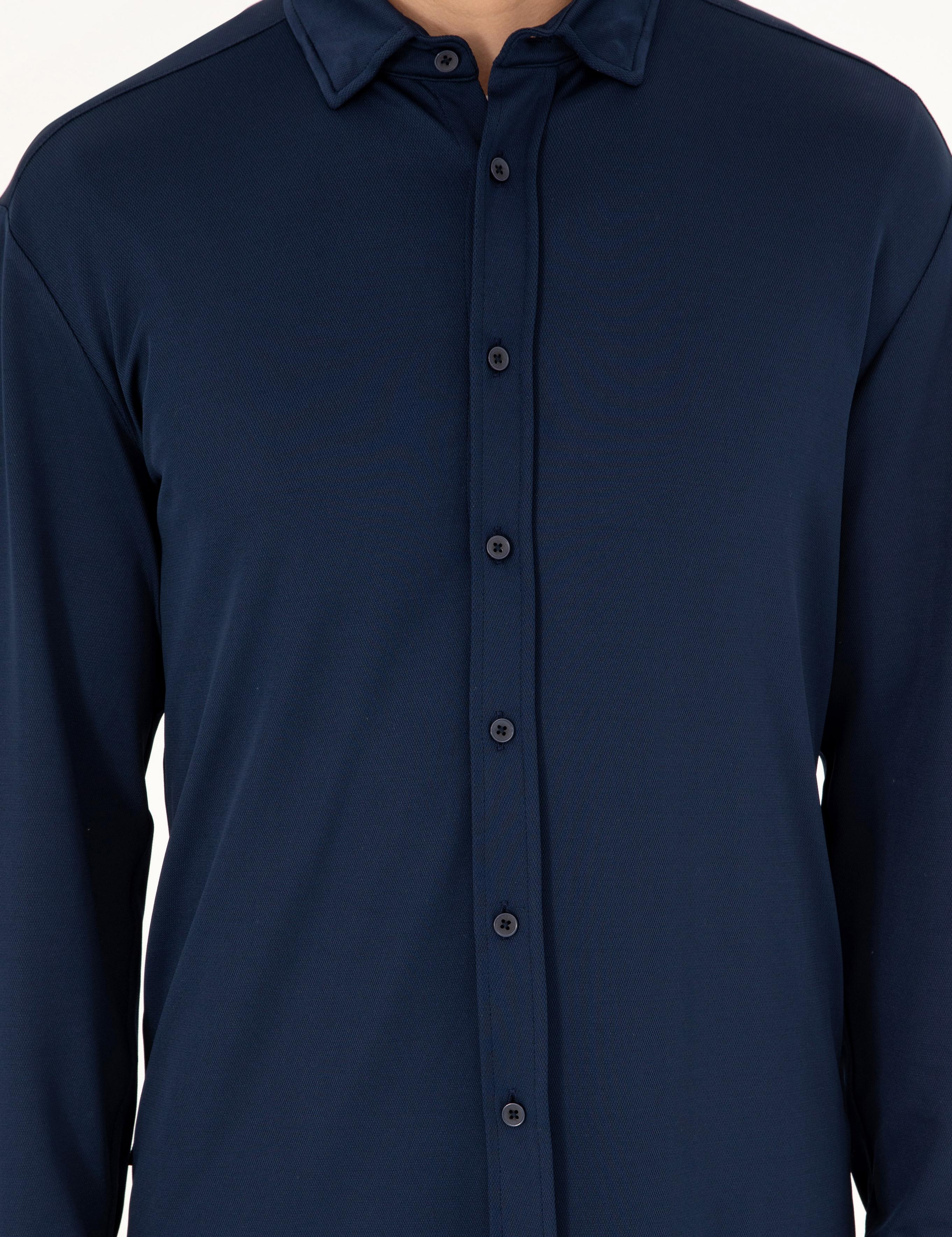 Lacivert Slim Fit Örme Gömlek