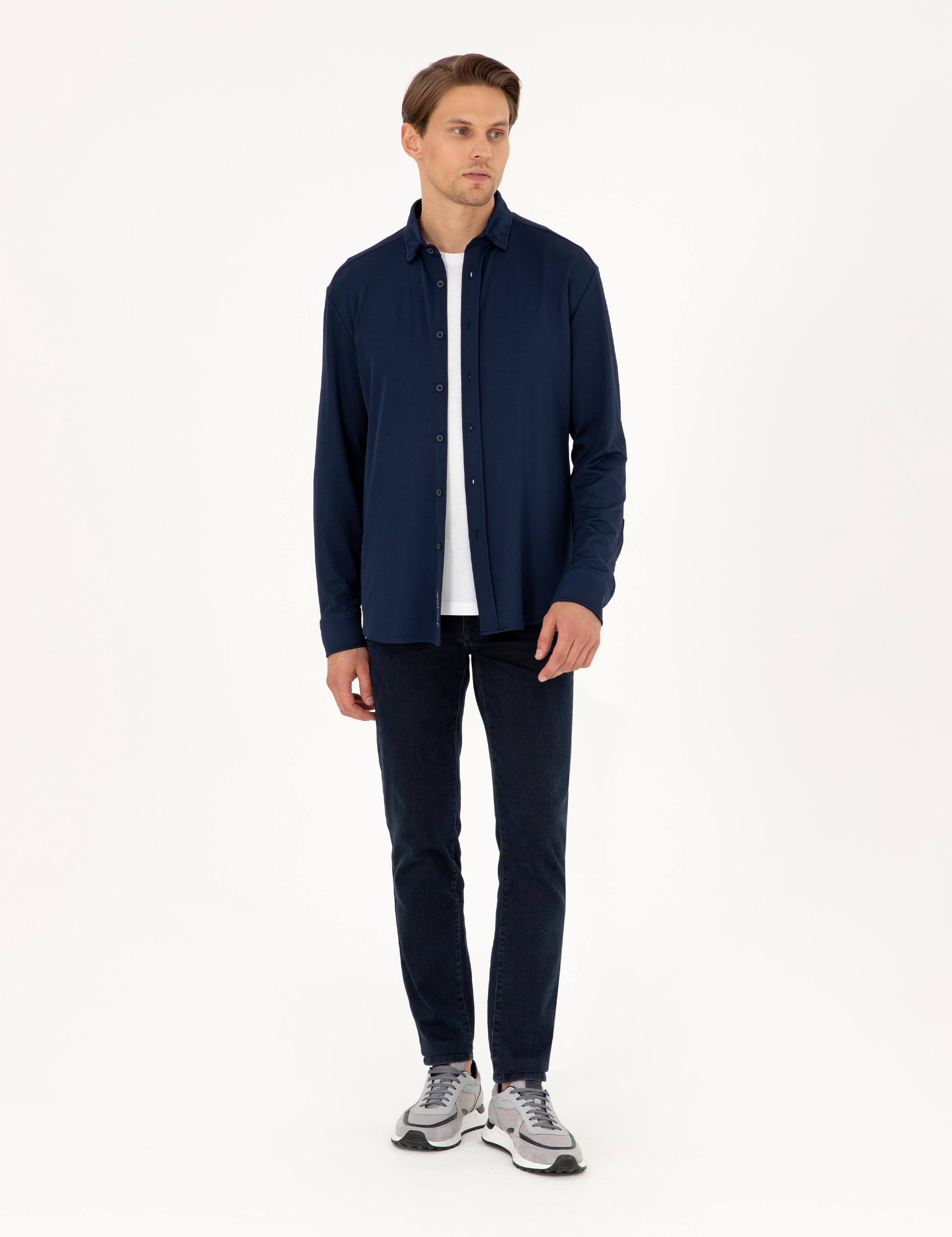 Lacivert Slim Fit Örme Gömlek
