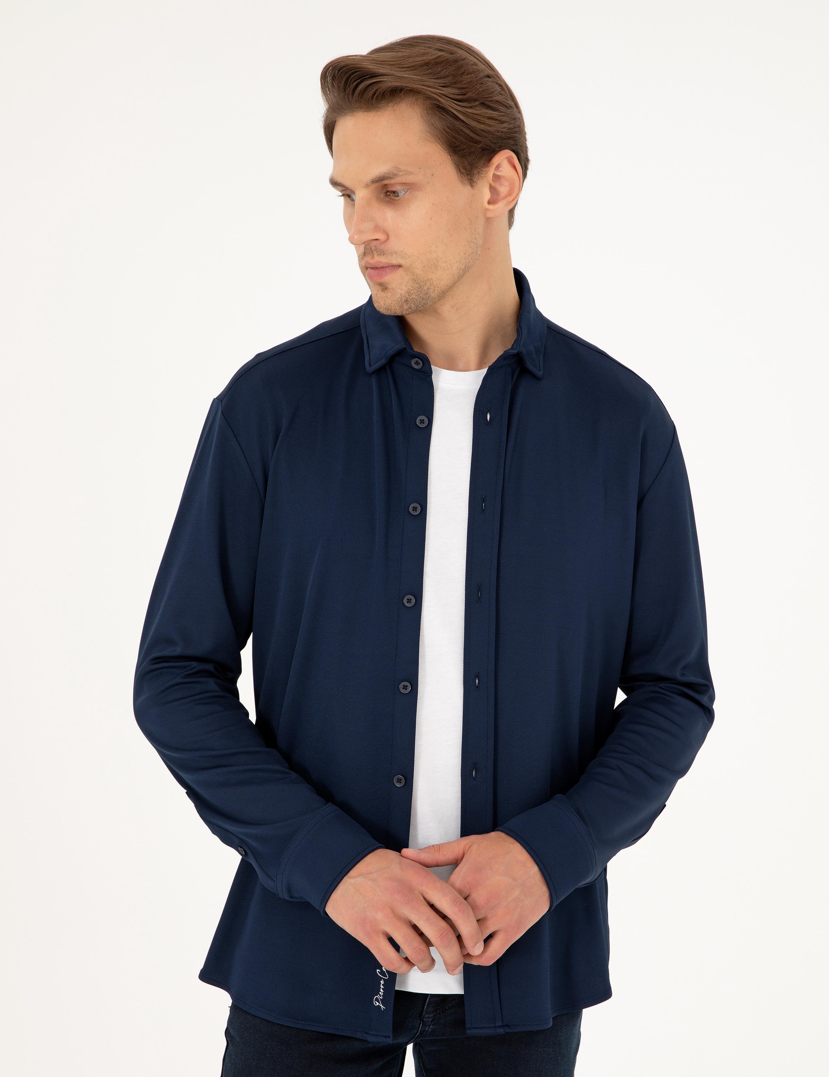 Lacivert Slim Fit Örme Gömlek