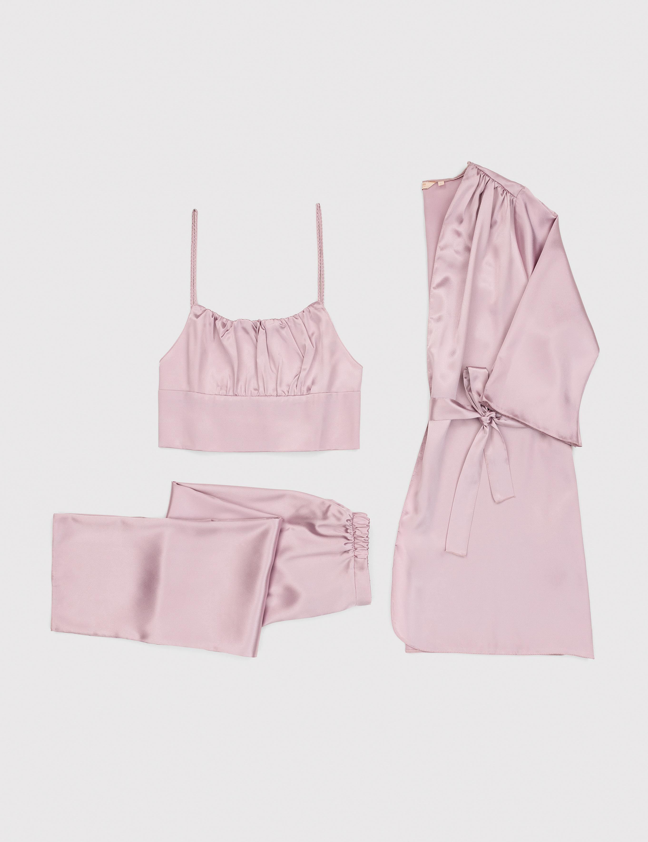Açık Pembe Saten 3'lü Pijama Takımı
