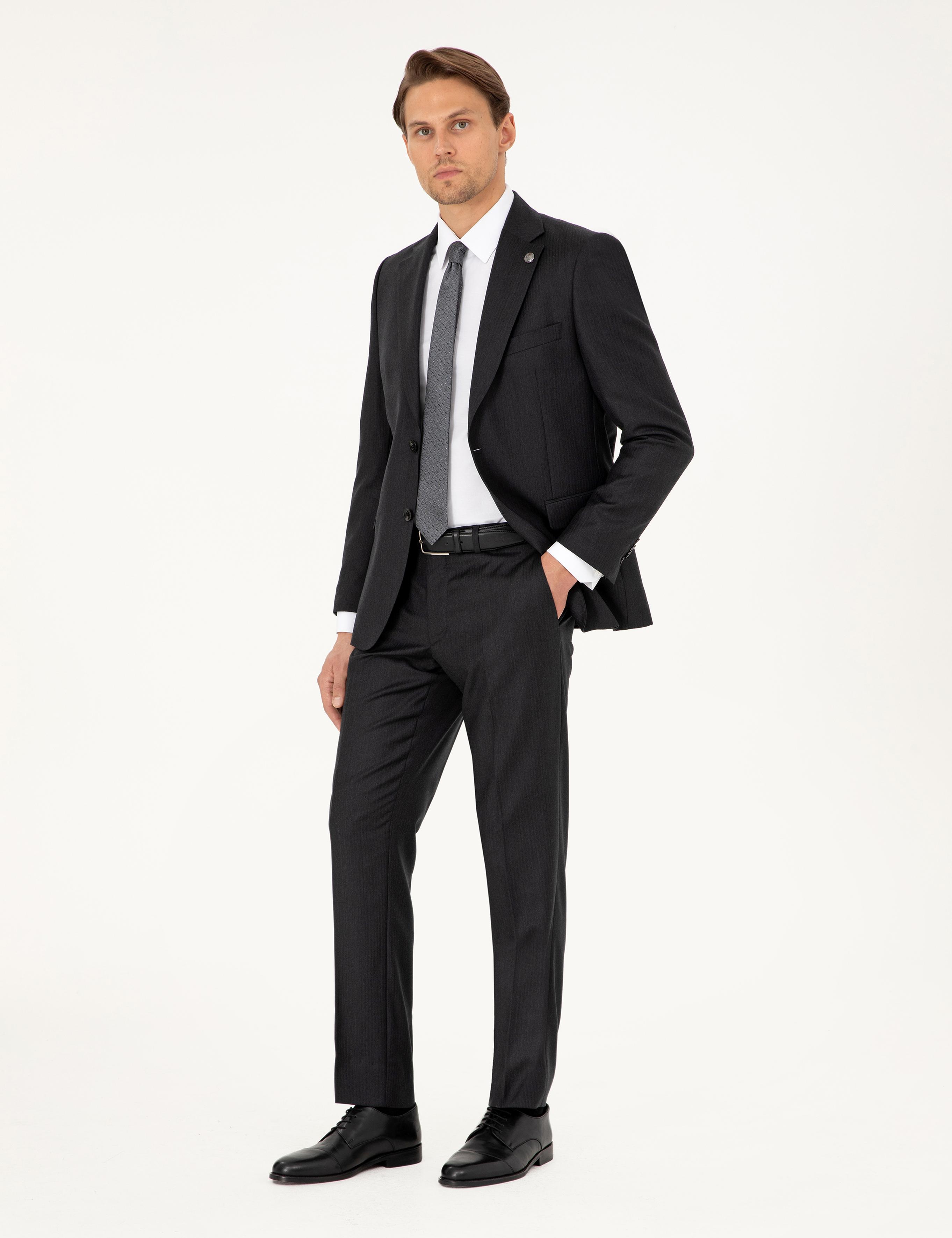 Antrasit Slim Fit Çizgili Yün Takım Elbise