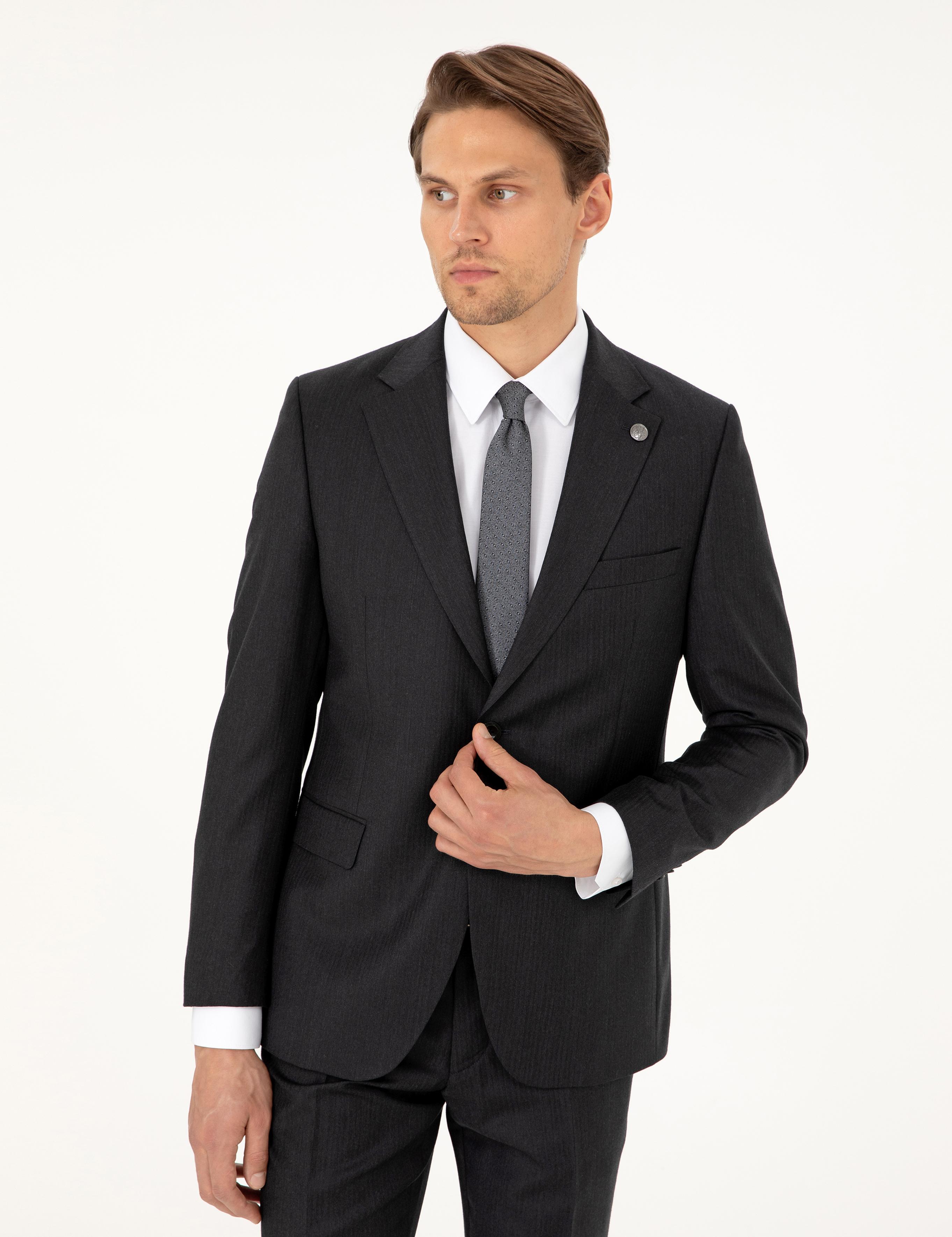 Antrasit Slim Fit Çizgili Yün Takım Elbise