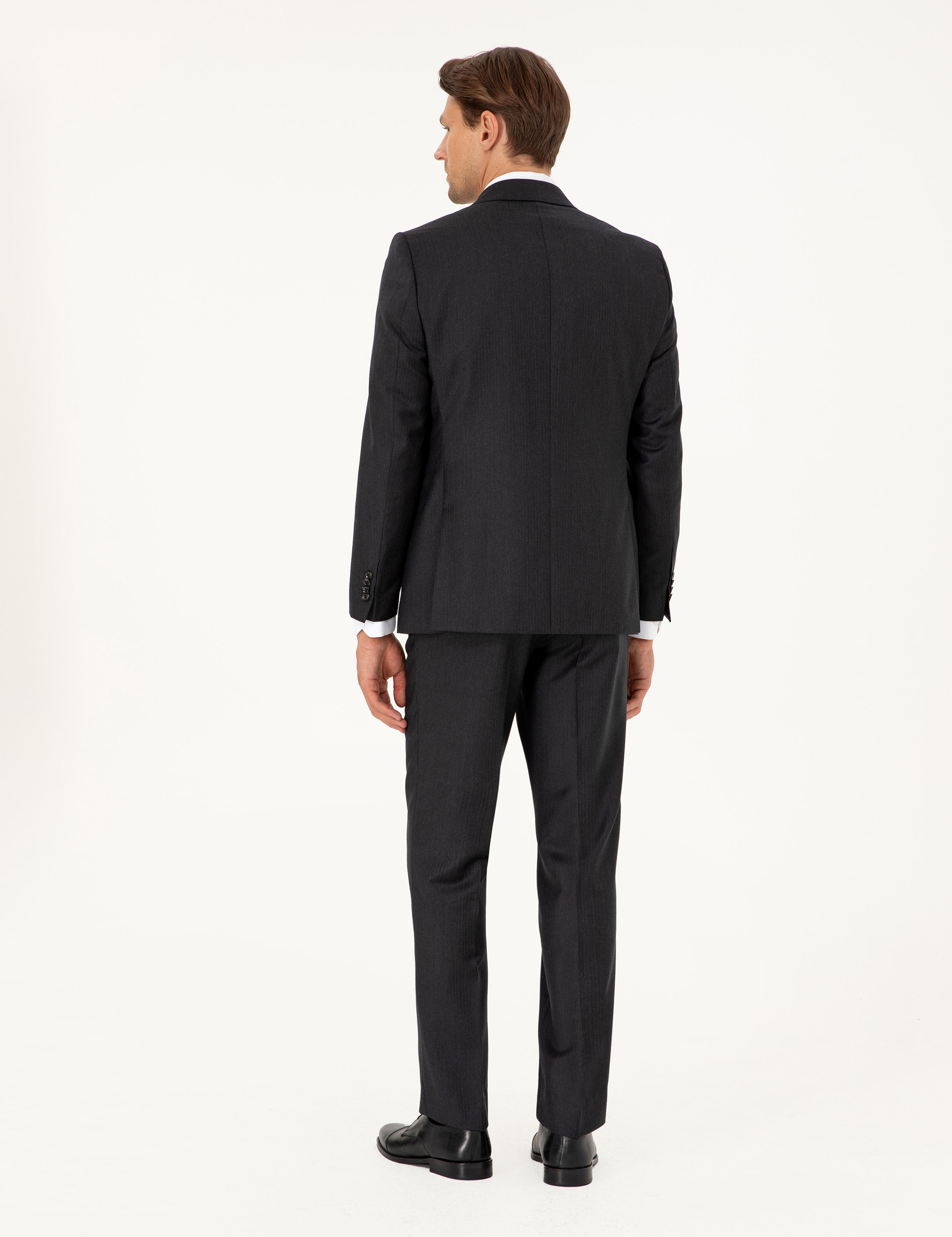 Antrasit Slim Fit Çizgili Yün Takım Elbise