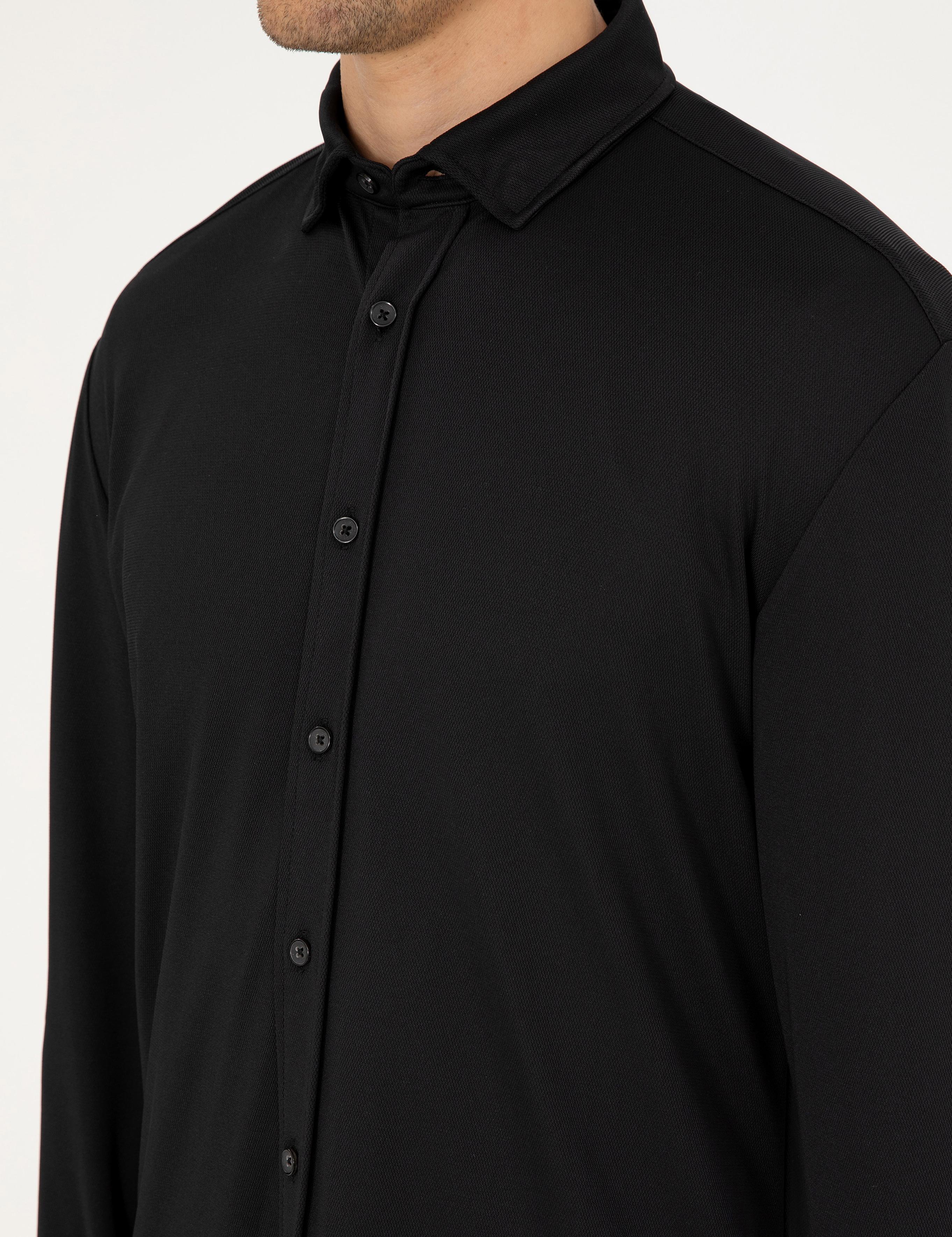 Siyah Slim Fit Örme Gömlek