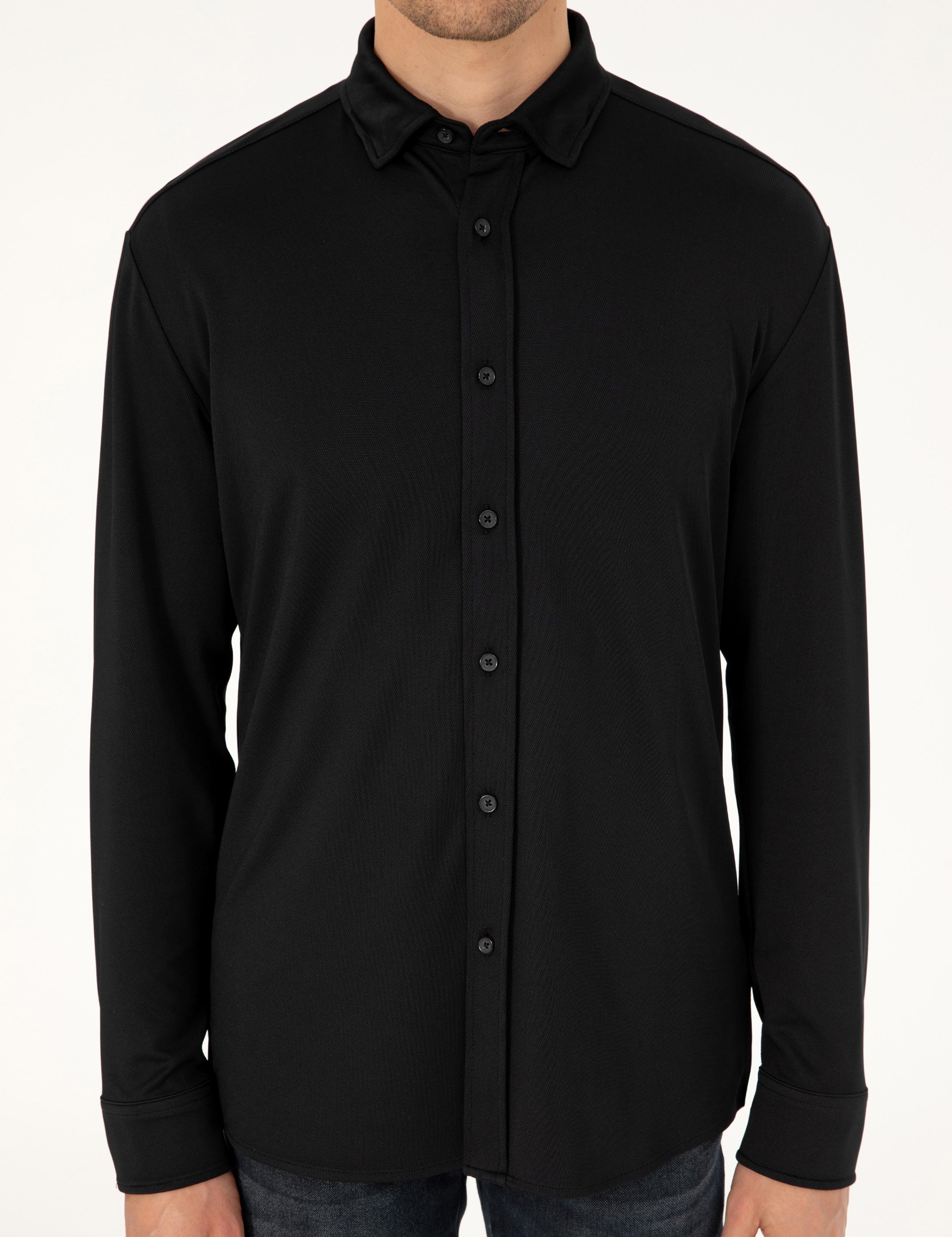 Siyah Slim Fit Örme Gömlek
