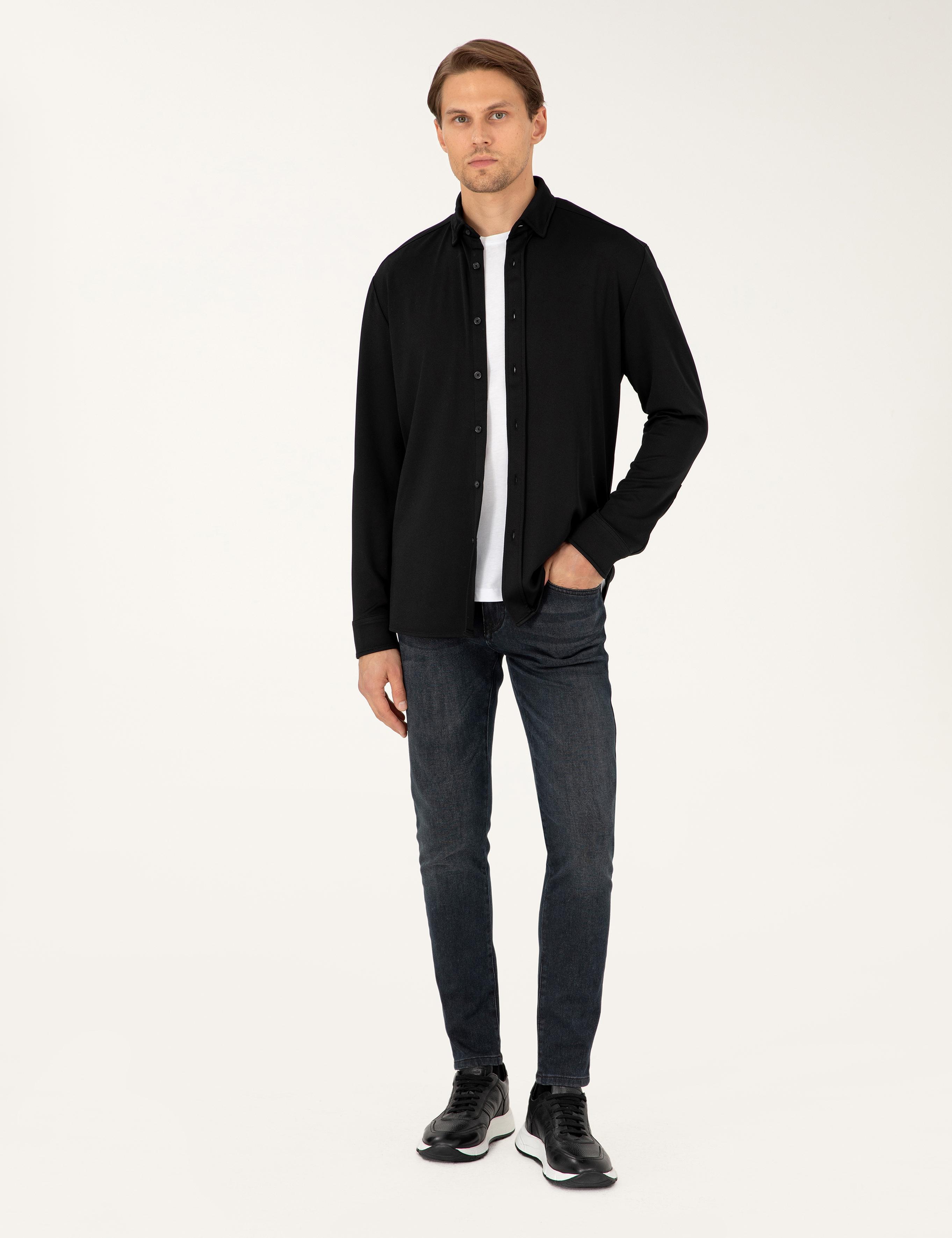 Siyah Slim Fit Örme Gömlek
