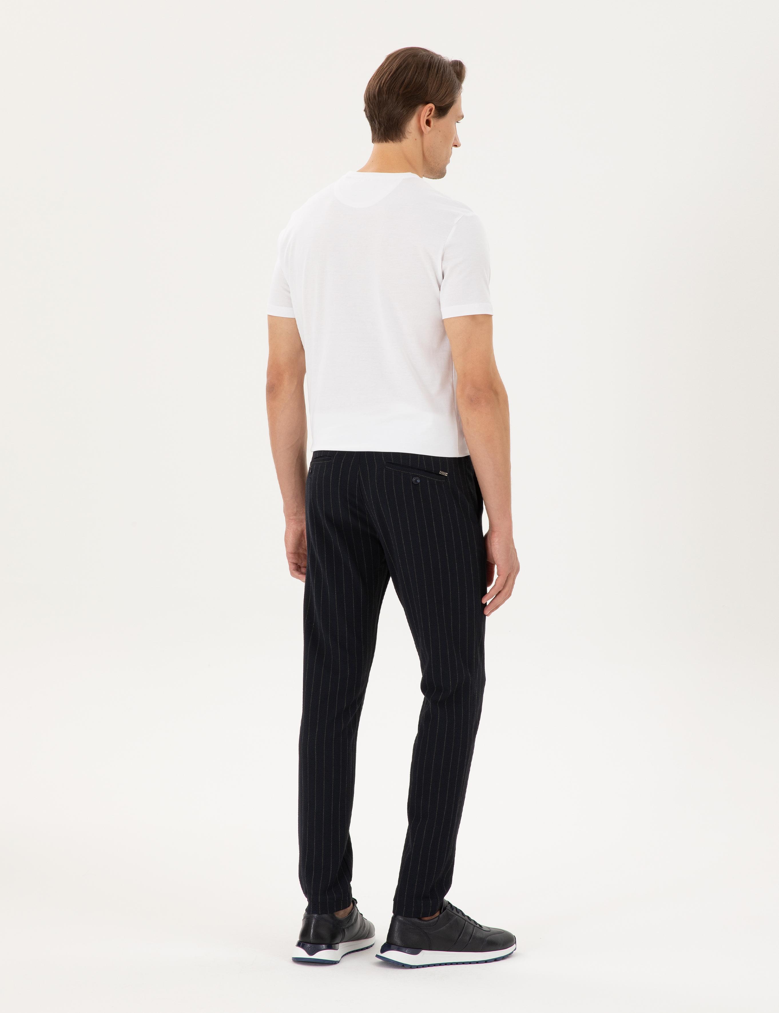 Lacivert Slim Fit Çizgili Kanvas Pantolon