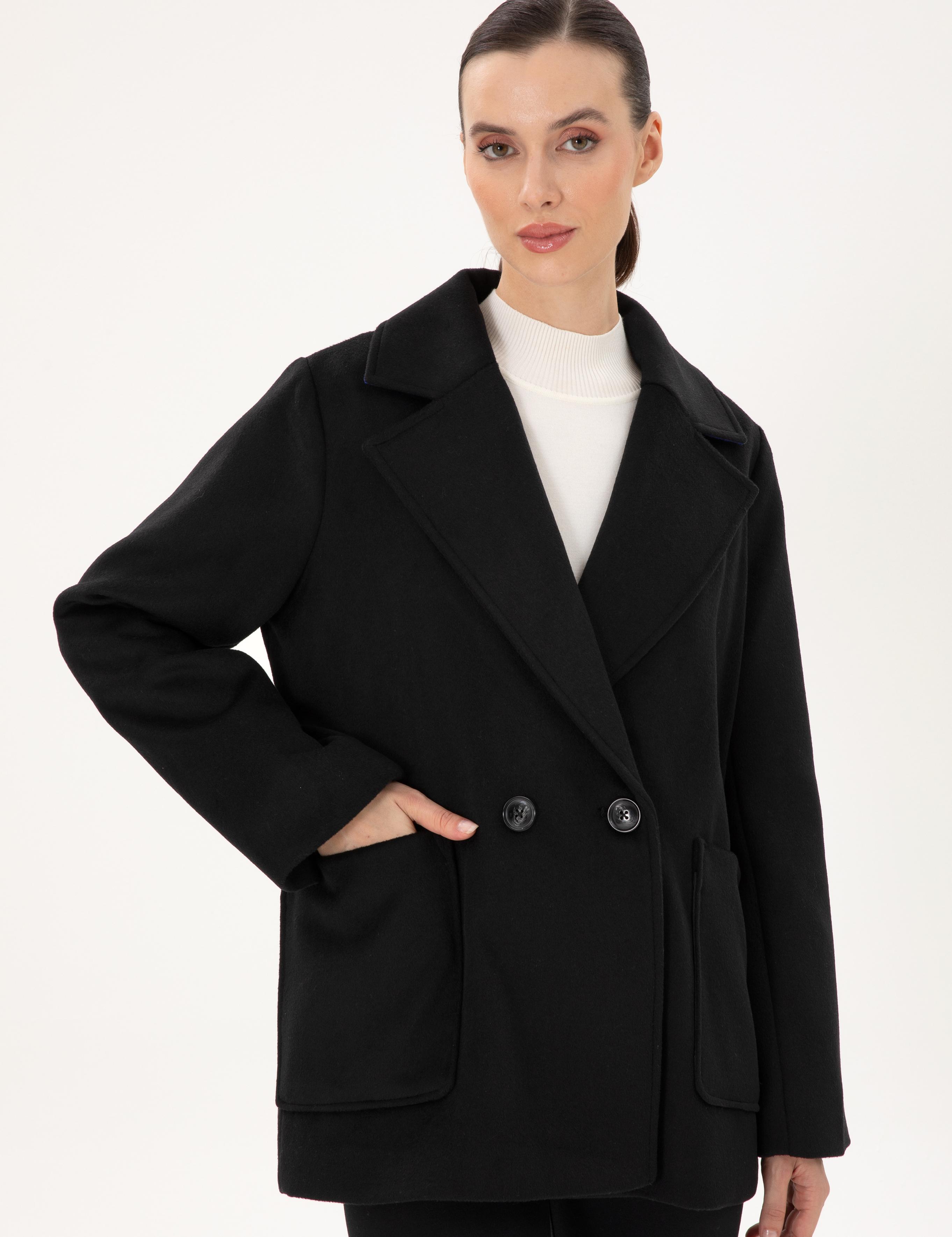 Siyah Comfort Fit Kaşe Kaban