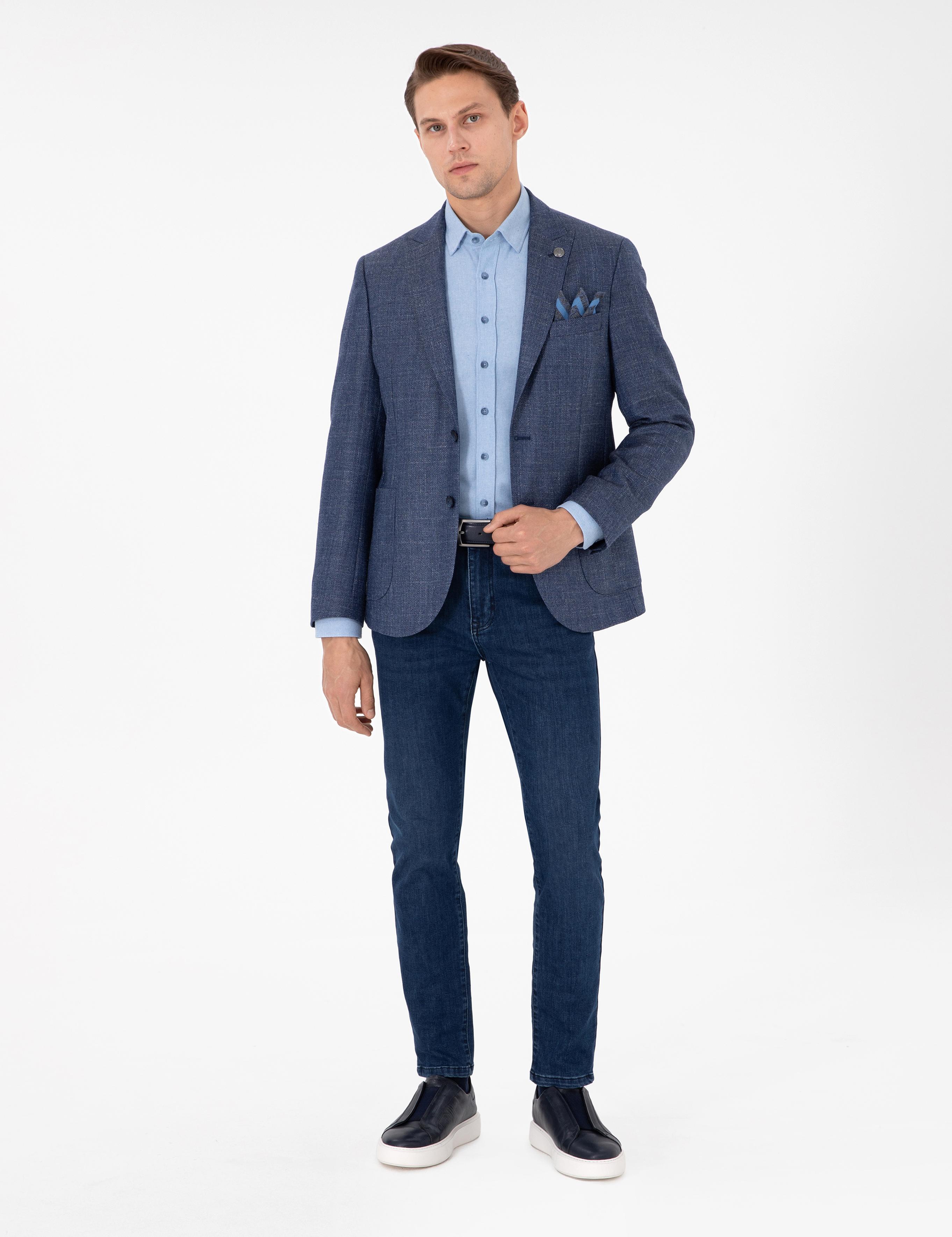 Koyu Mavi Slim Fit Yünlü Ceket