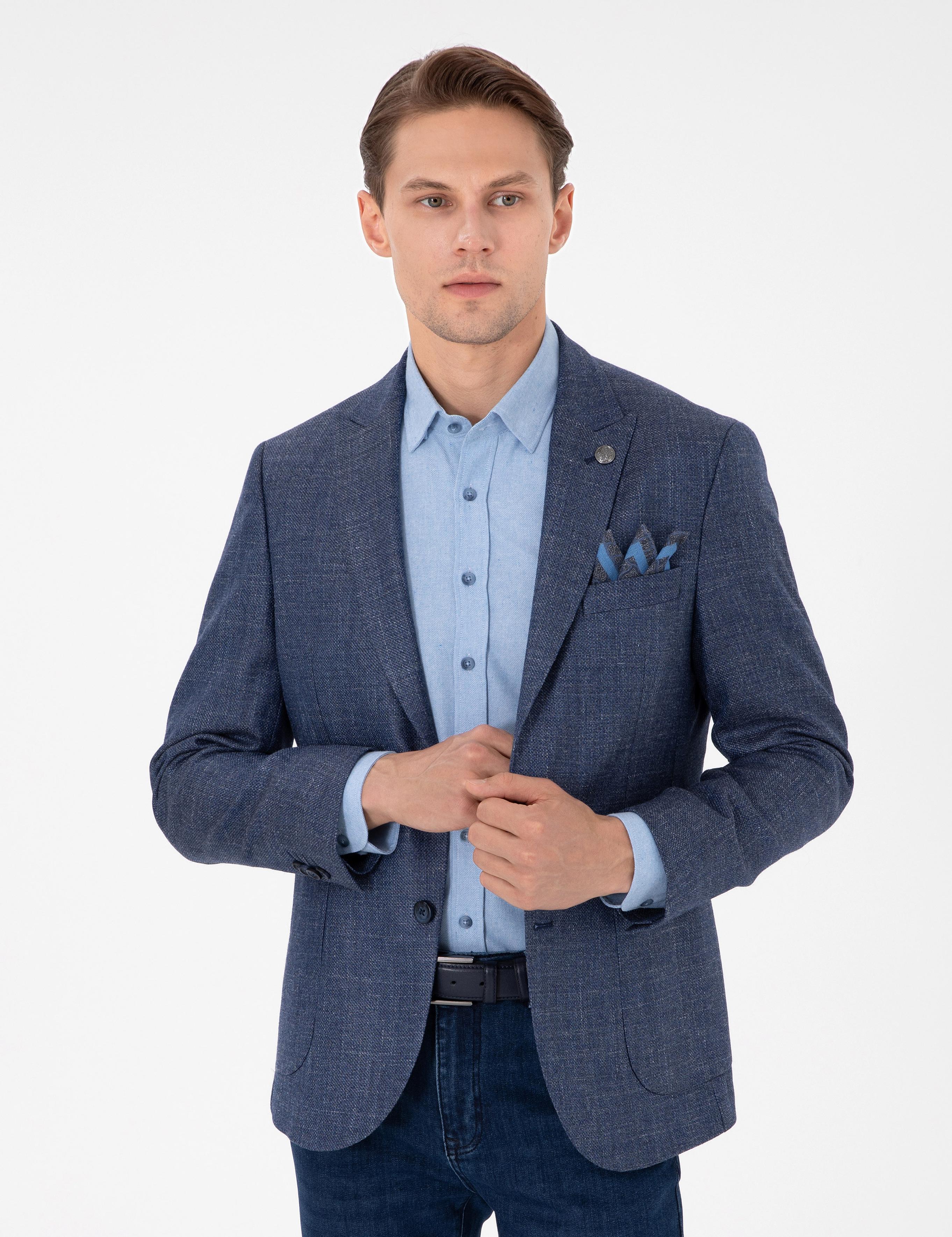Koyu Mavi Slim Fit Yünlü Ceket