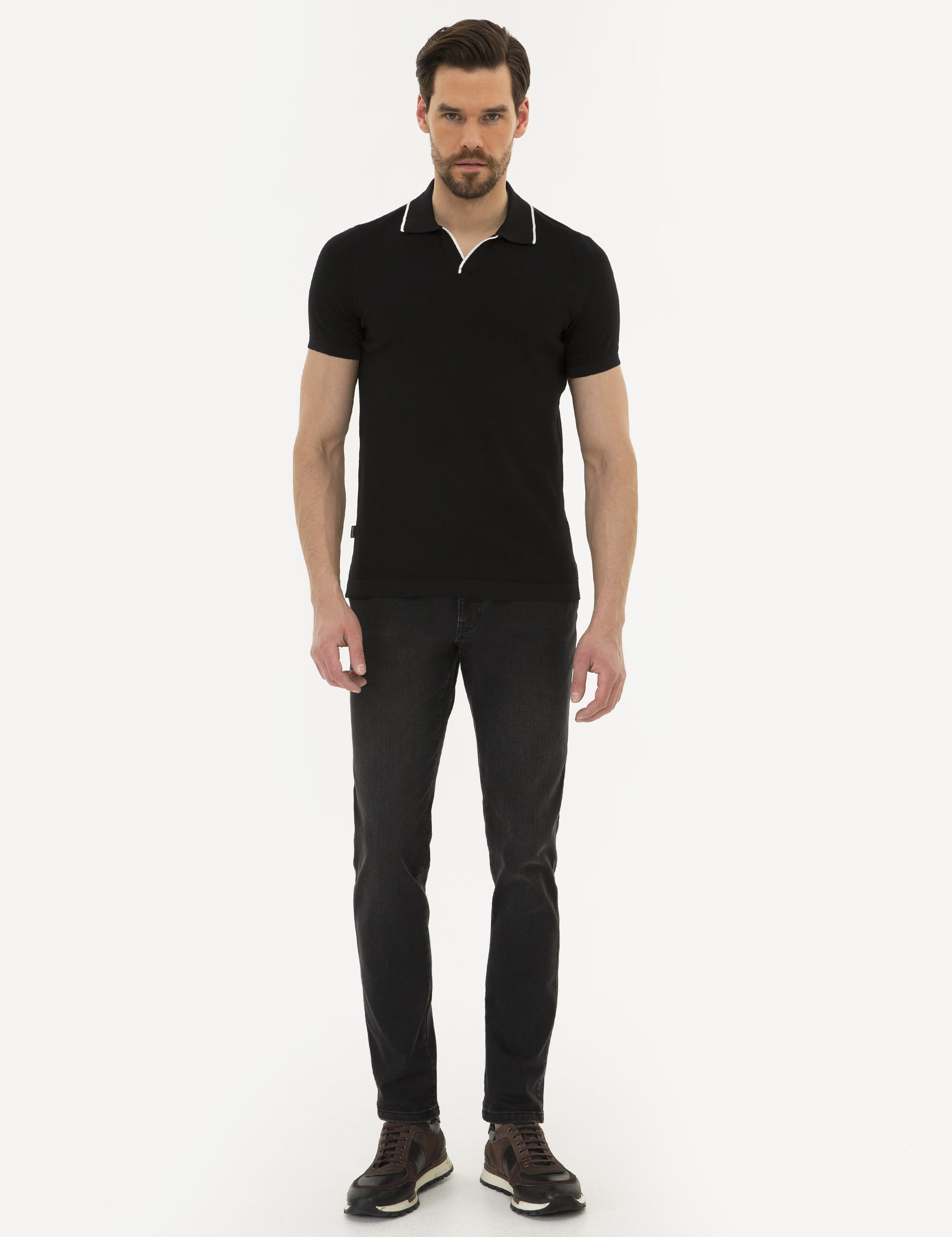 Siyah Slim Fit Polo Yaka Triko Kazak