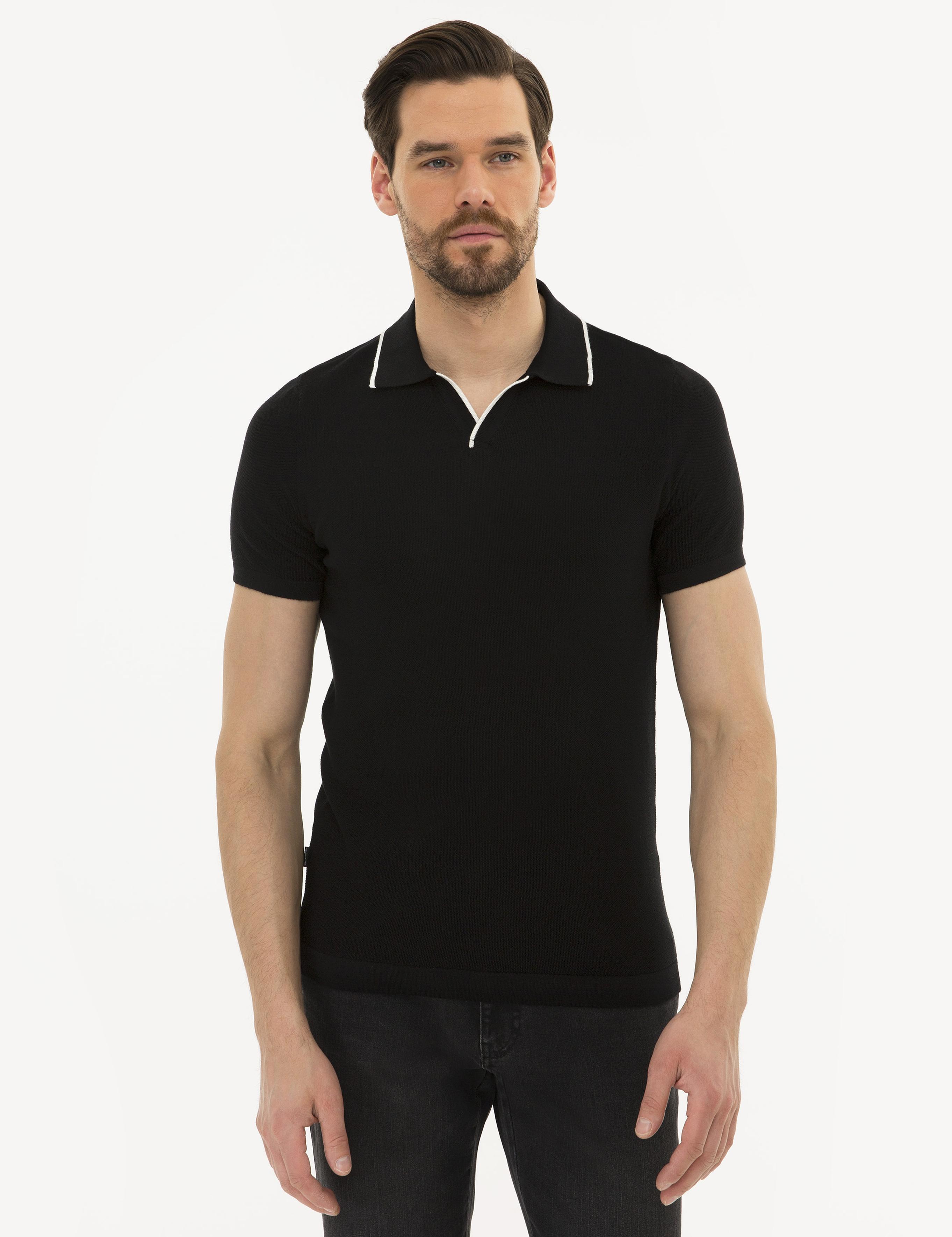 Siyah Slim Fit Polo Yaka Triko Kazak