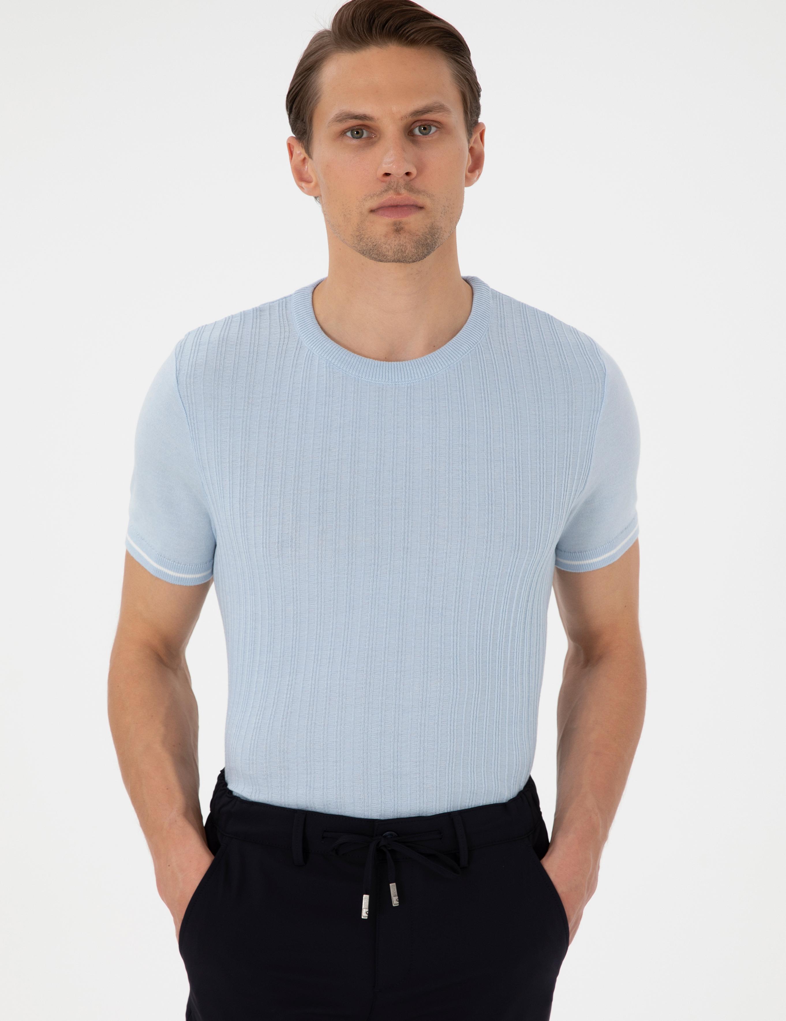 Açık Mavi Slim Fit Bisiklet Yaka Triko Tişört