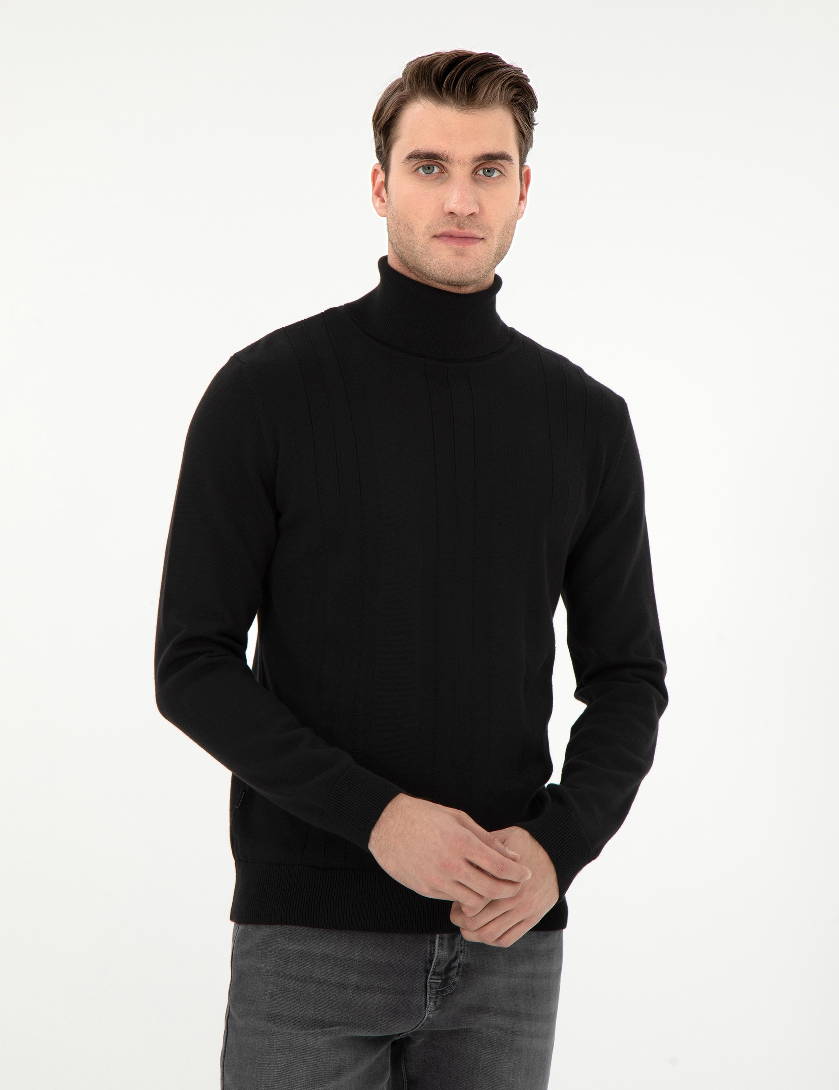 Siyah Slim Fit Balıkçı Yaka Yün Karışımlı Triko Kazak