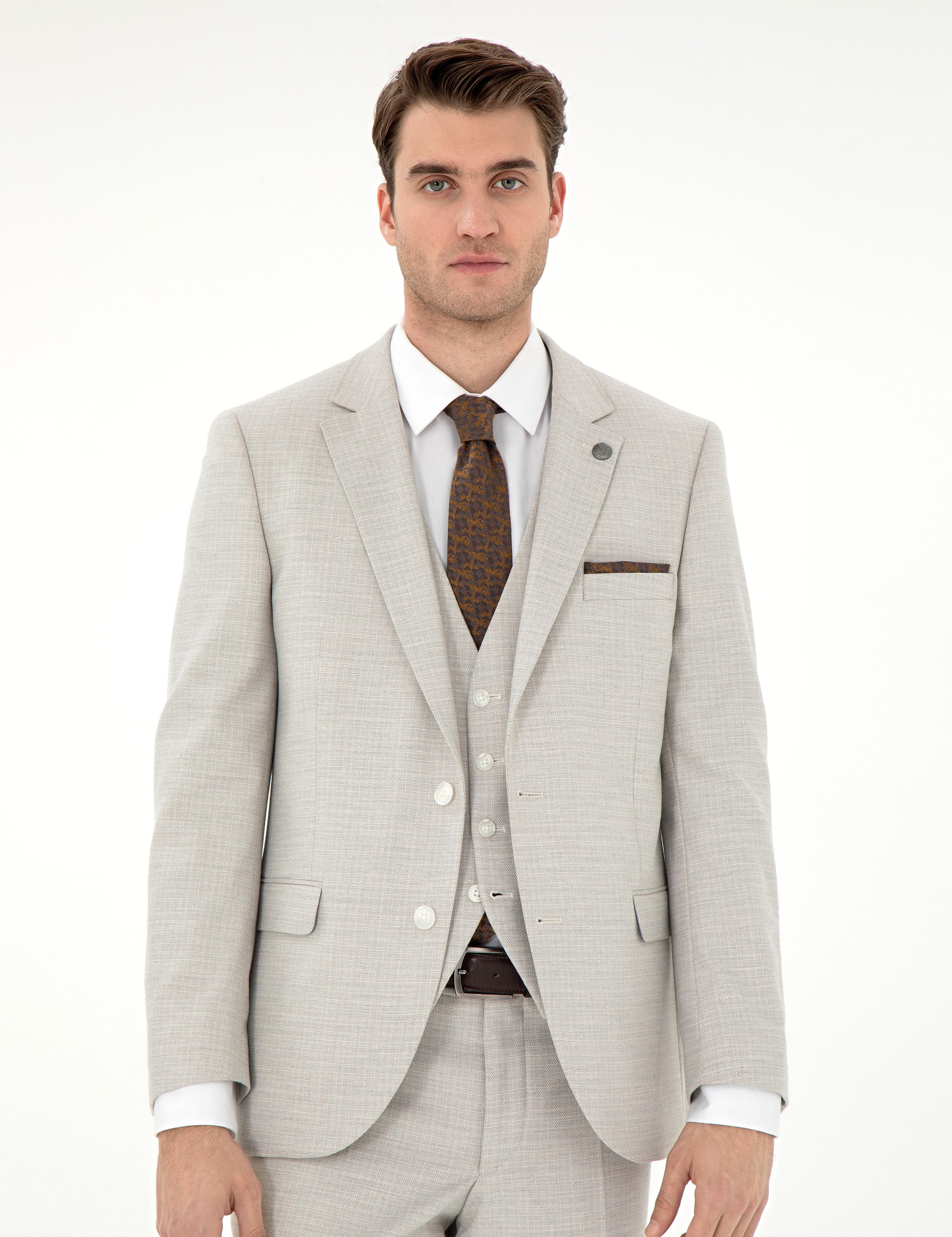 Bej Ex. Slim Fit Yelekli Takım Elbise