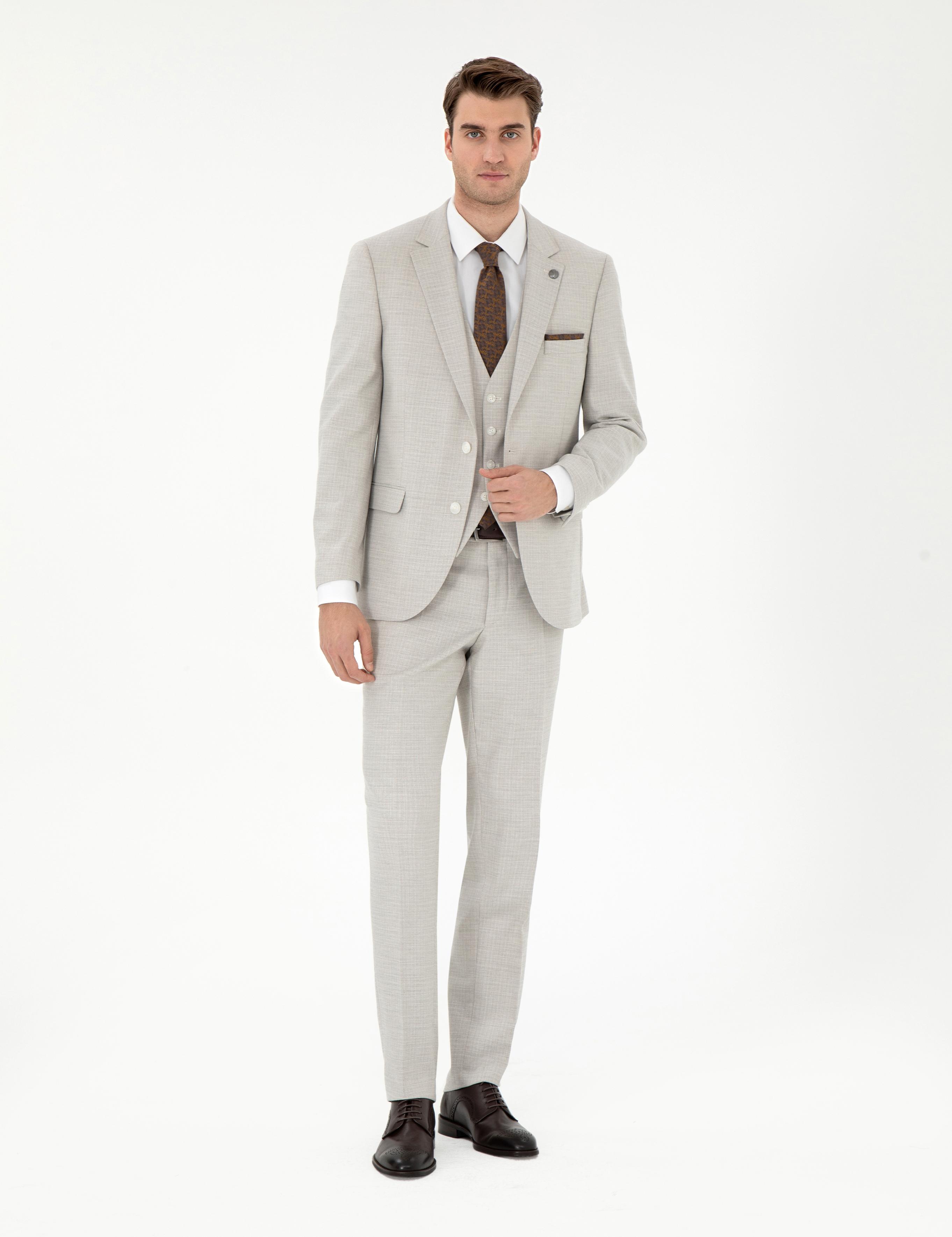 Bej Ex. Slim Fit Yelekli Takım Elbise
