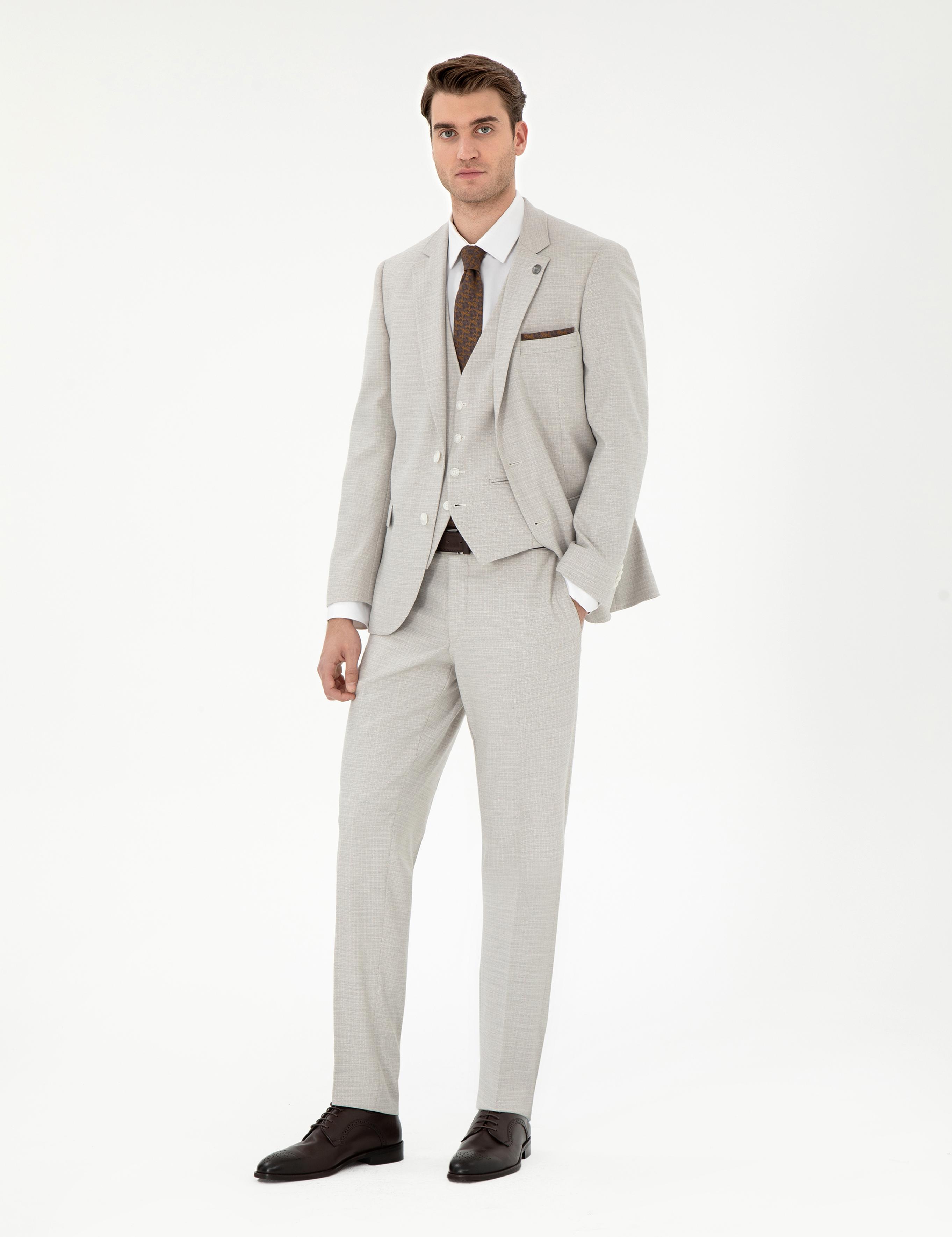 Bej Ex. Slim Fit Yelekli Takım Elbise