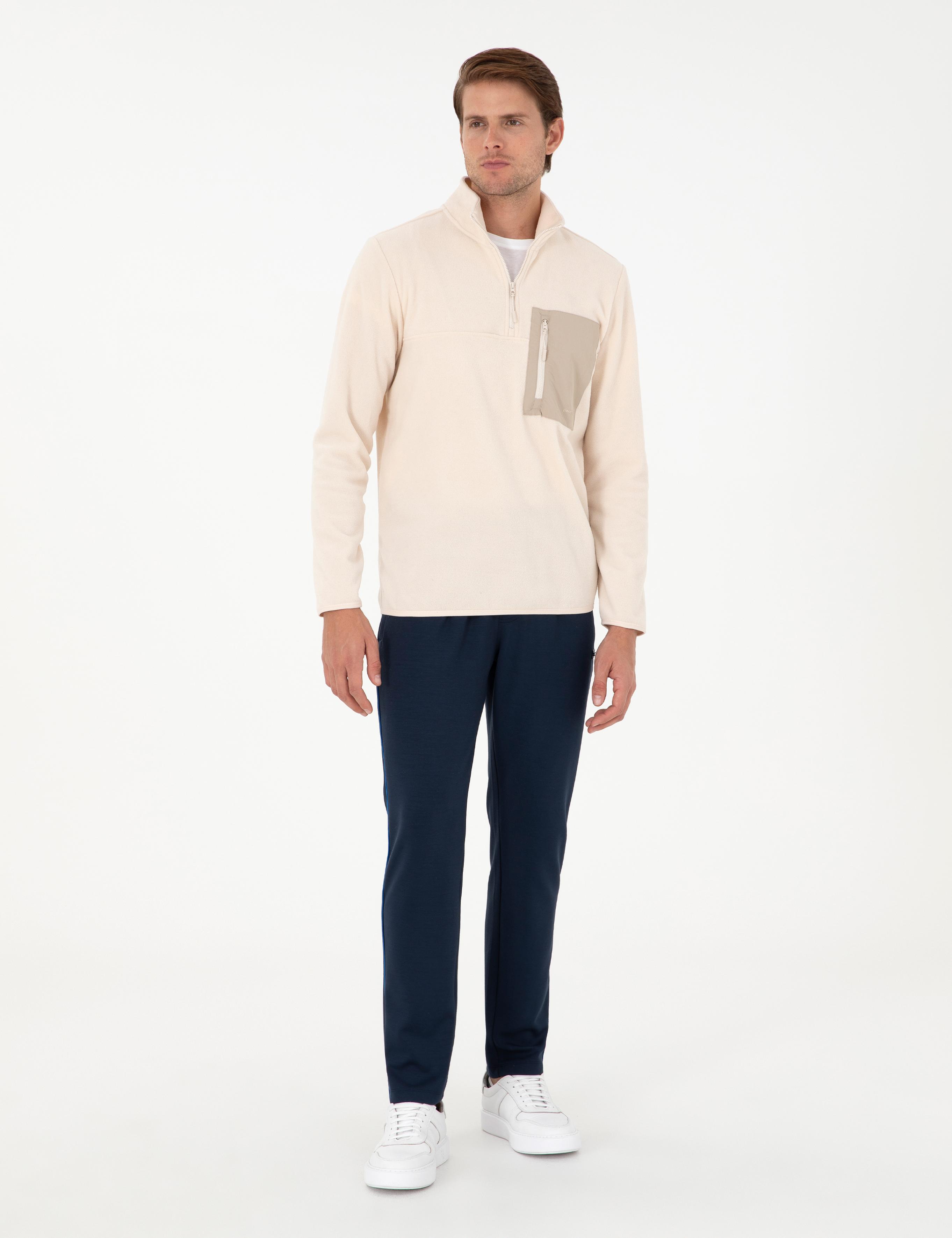 Bej Regular Fit Yarım Fermuarlı Polar Sweatshirt
