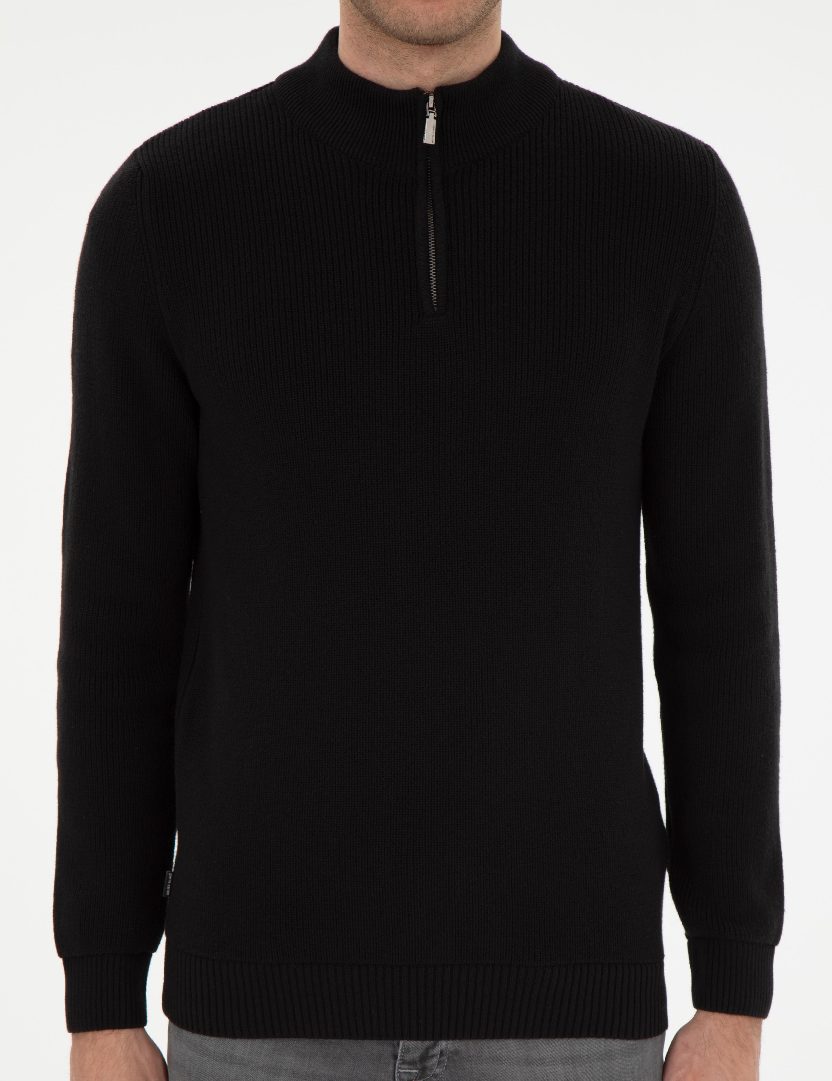 Siyah Slim Fit Fermuarlı Dik Yaka Kazak