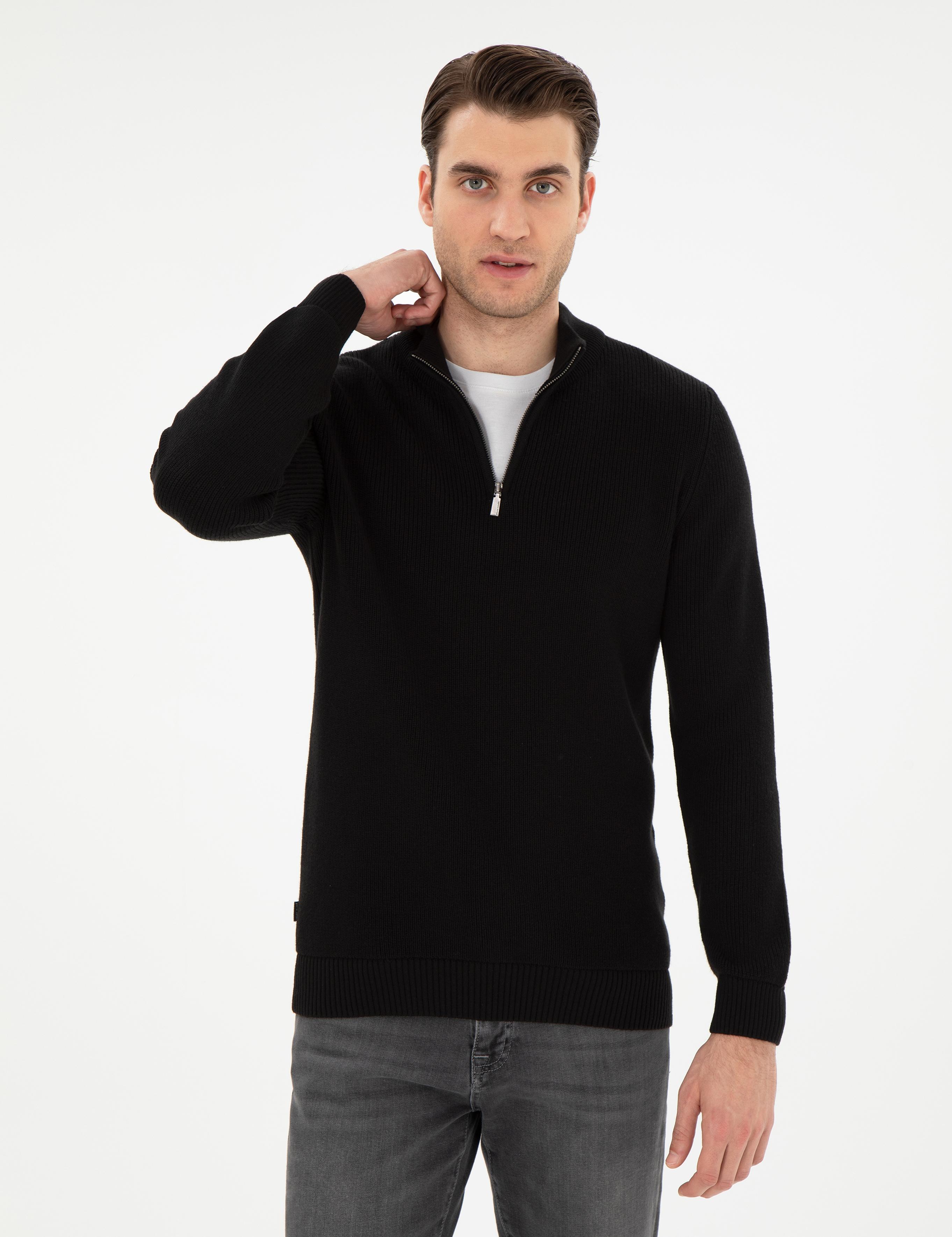 Siyah Slim Fit Fermuarlı Dik Yaka Kazak