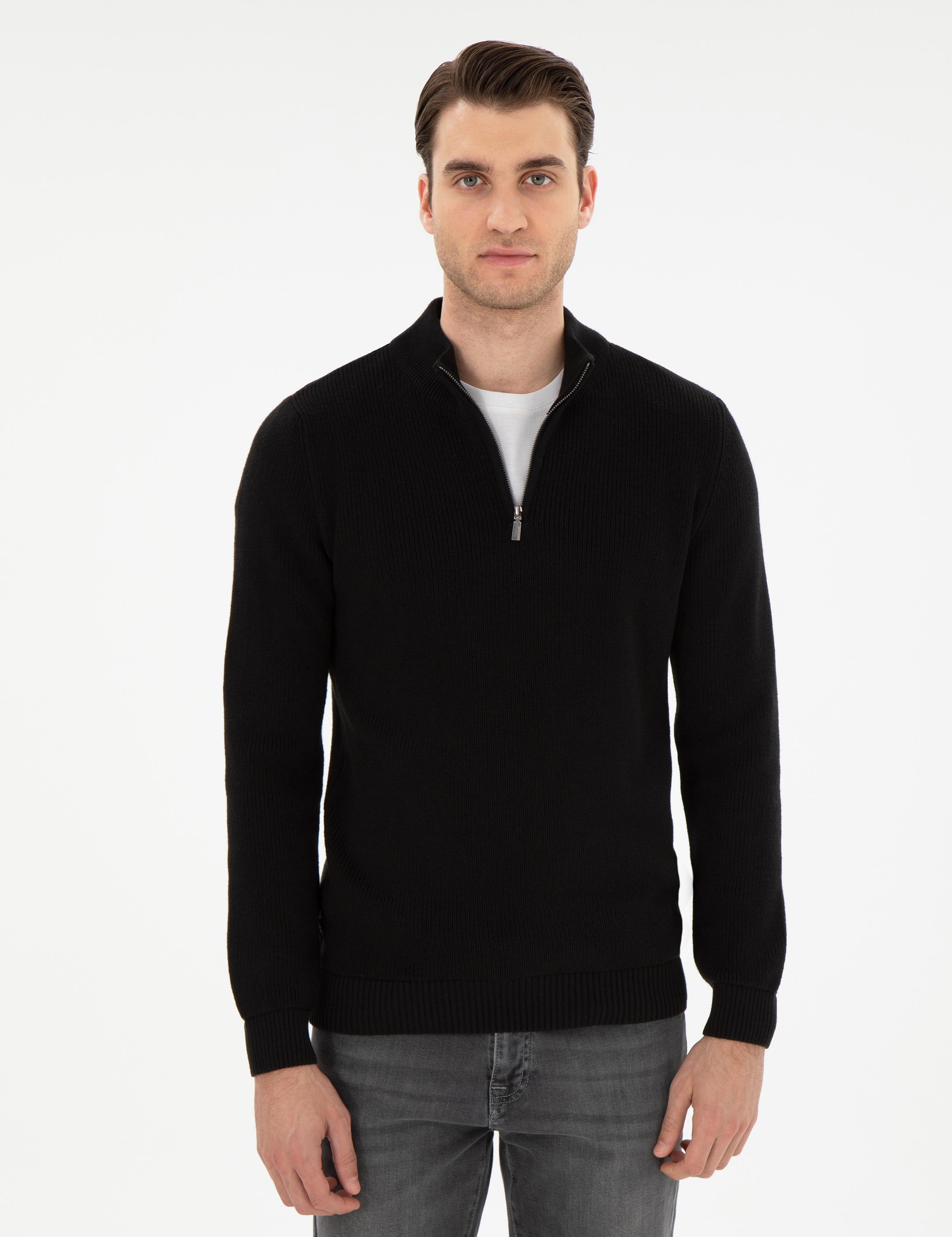 Siyah Slim Fit Fermuarlı Dik Yaka Kazak