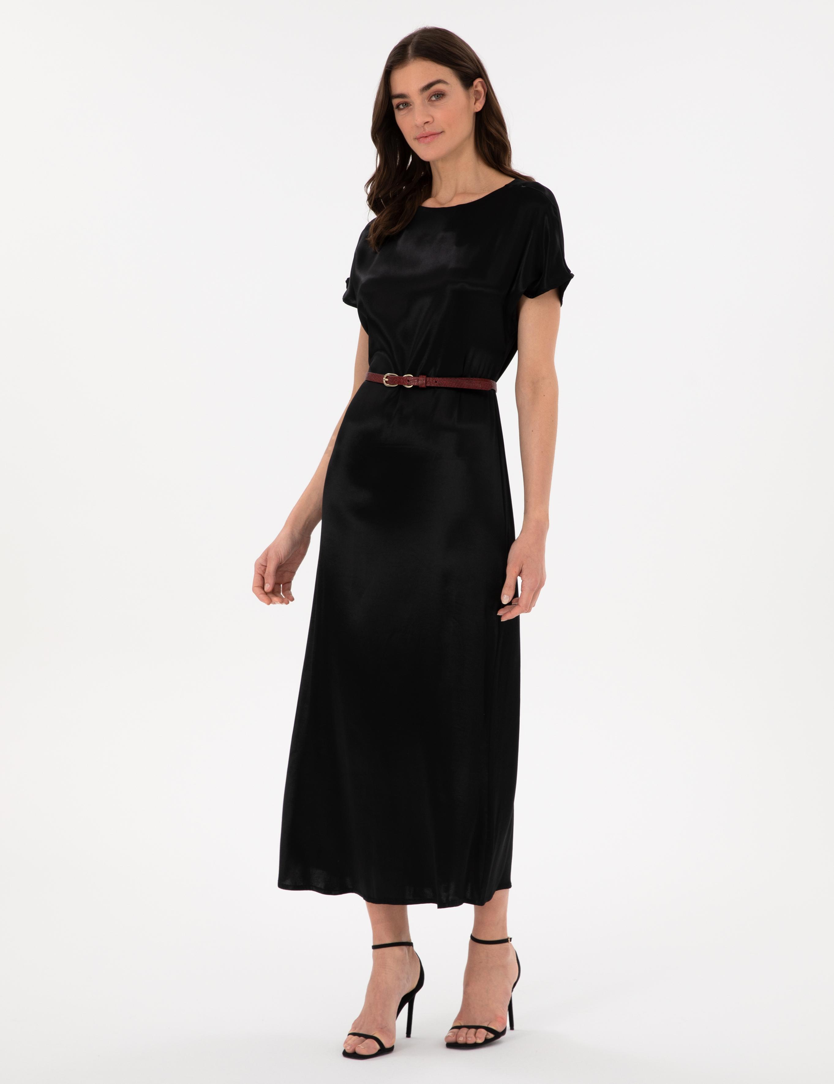 Siyah Comfort Fit Dokuma Elbise