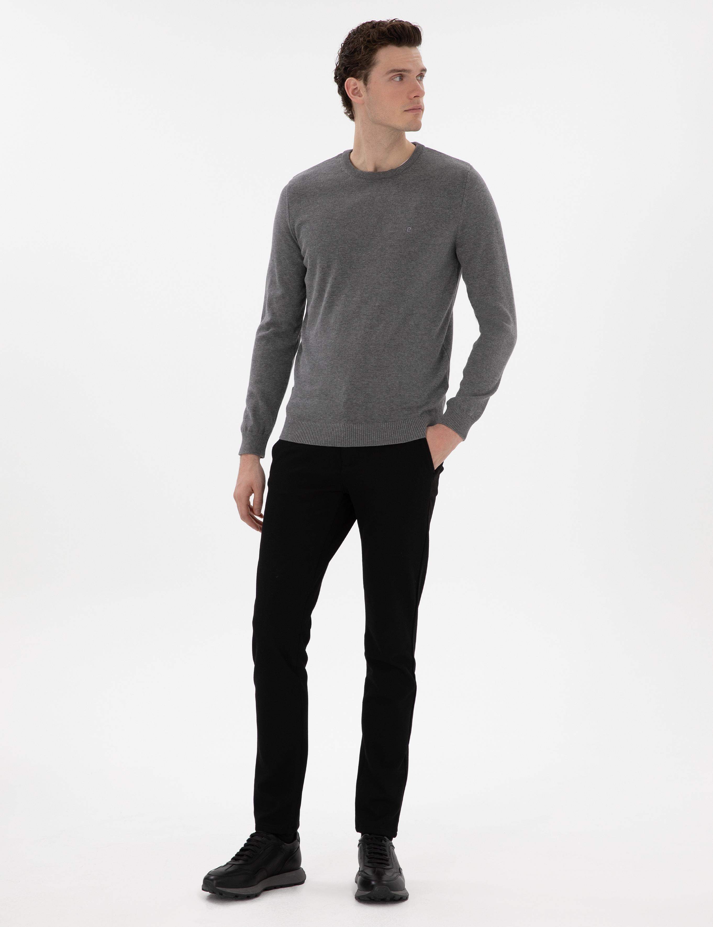 Gri Melanj Slim Fit Bisiklet Yaka Basic Triko Kazak