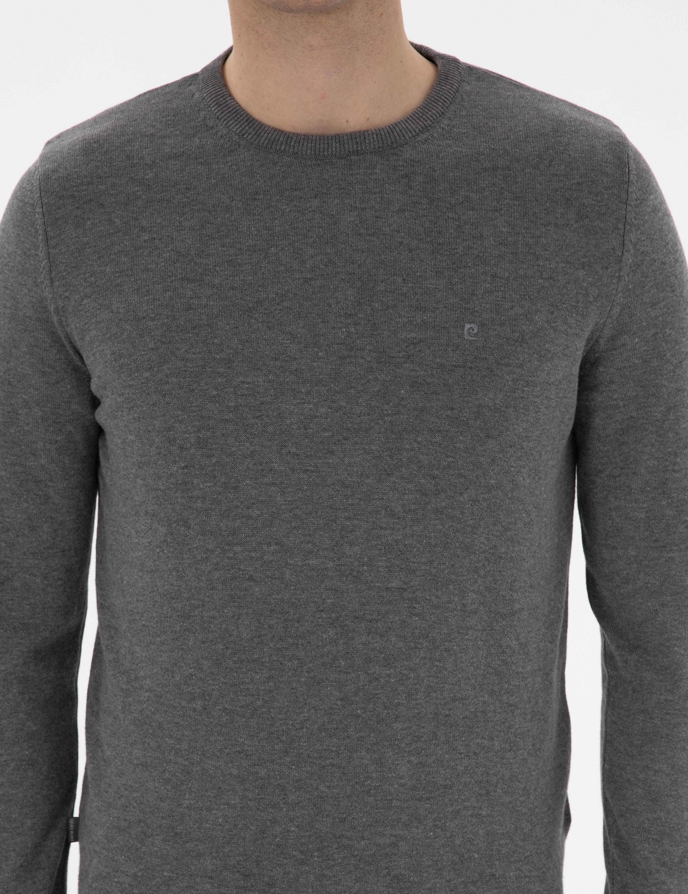 Gri Melanj Slim Fit Bisiklet Yaka Basic Triko Kazak