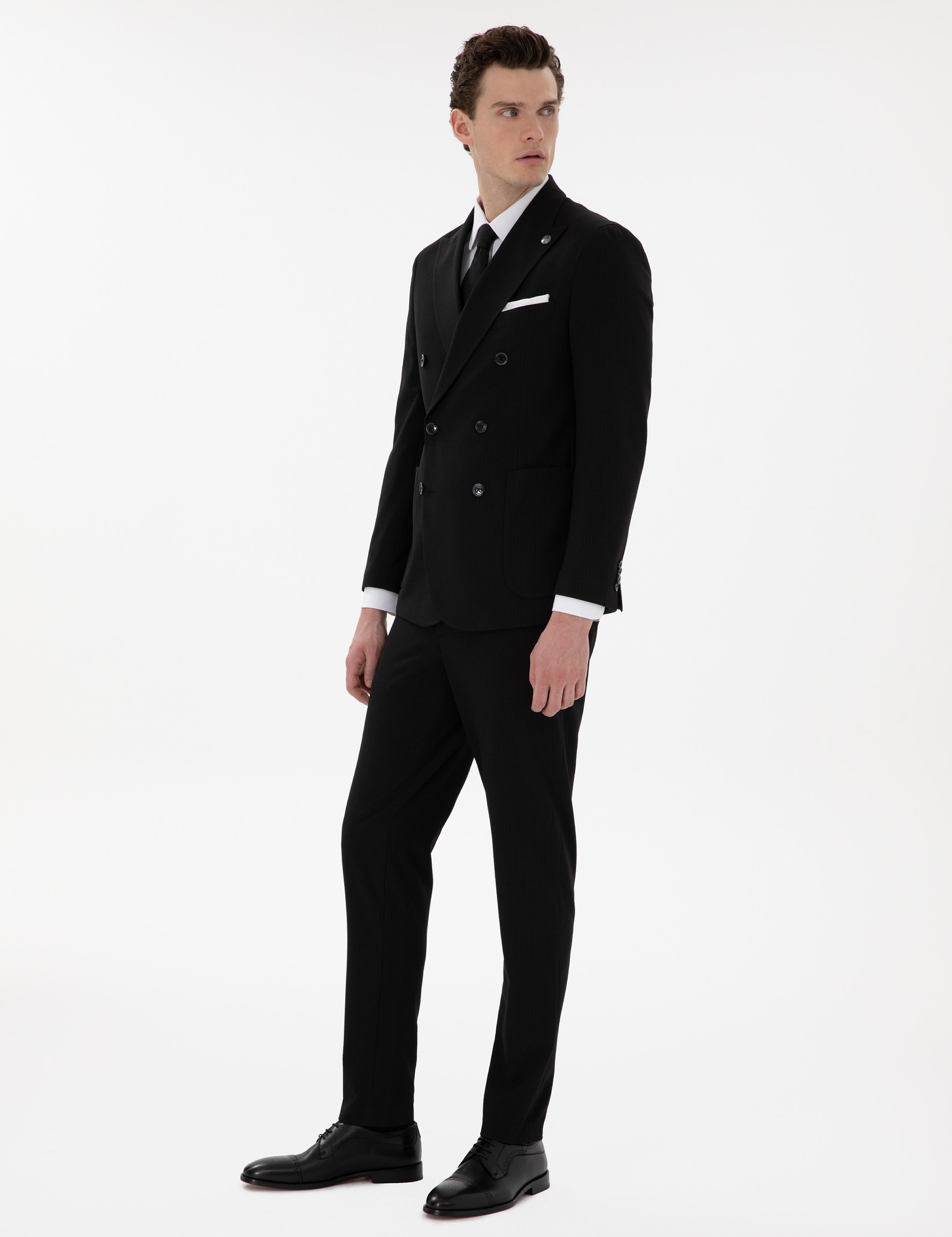 Siyah Ex. Slim Fit Kruvaze Çizgili Takım Elbise