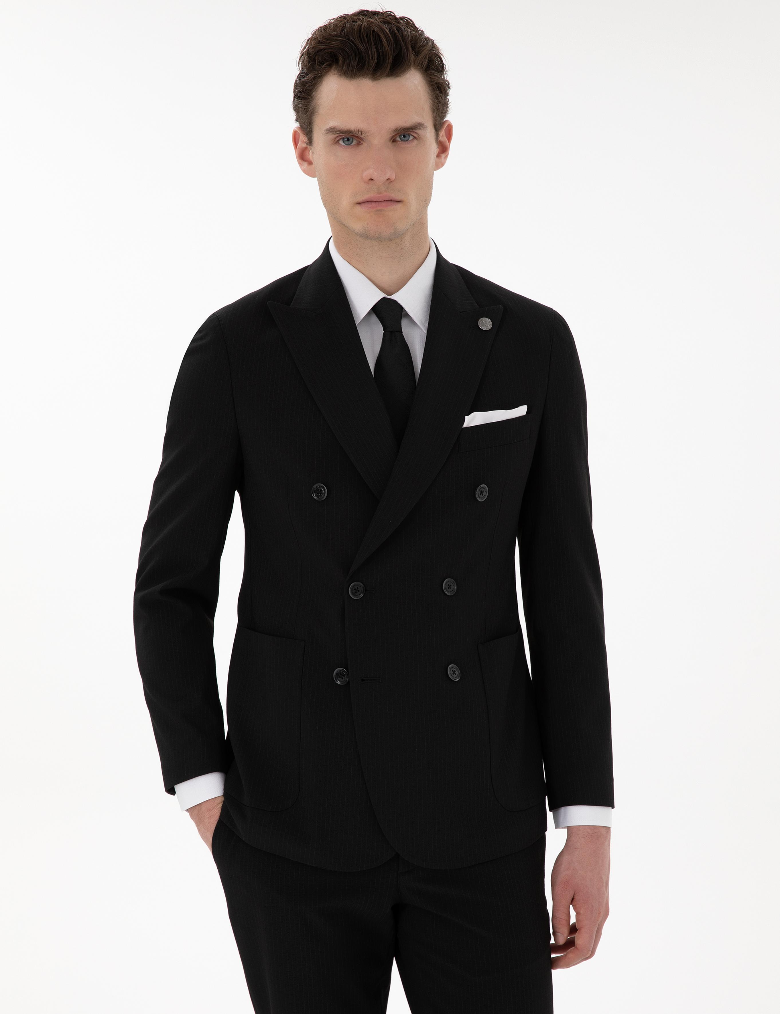Siyah Ex. Slim Fit Kruvaze Çizgili Takım Elbise