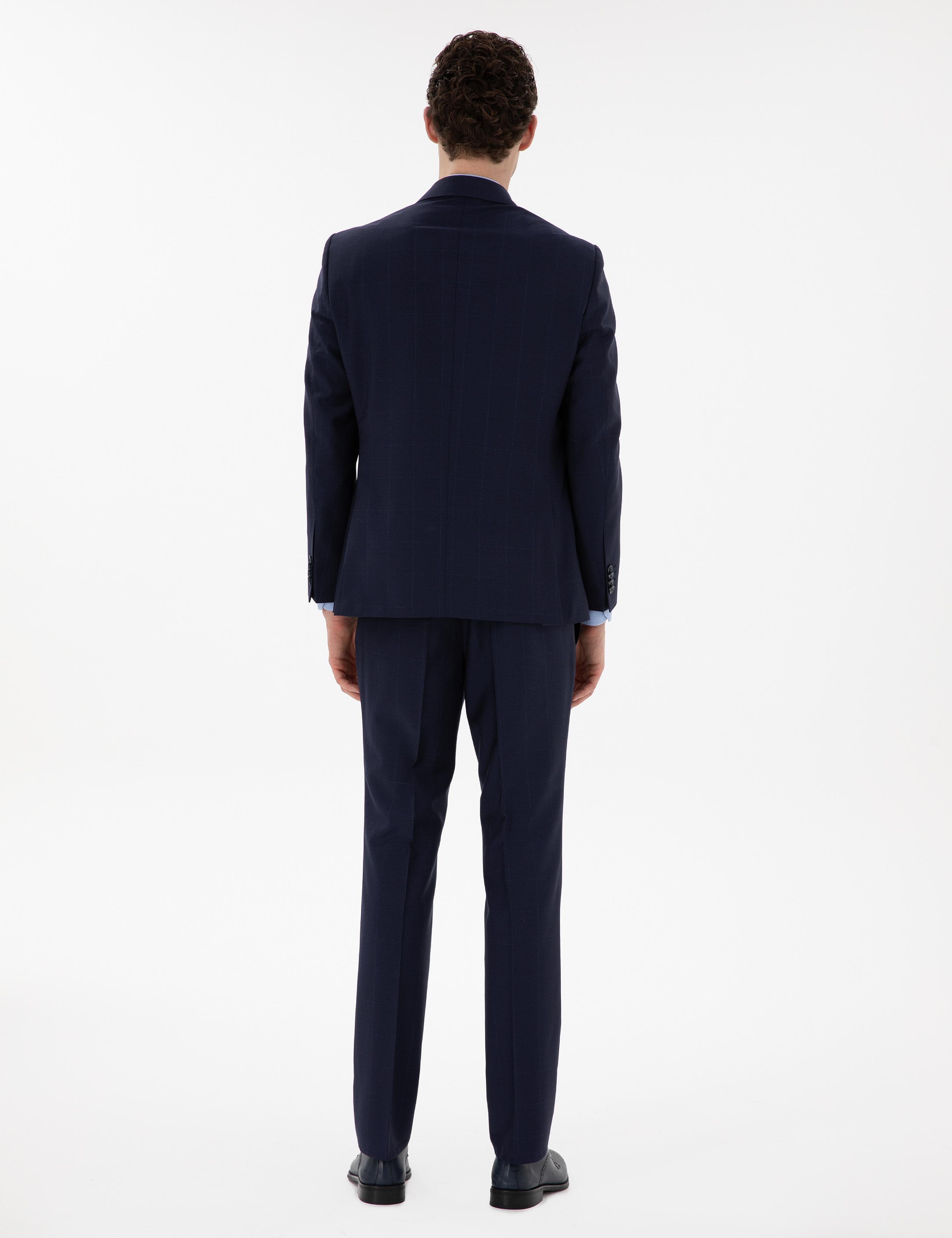 Lacivert Slim Fit %100 Yün Ekose Takım Elbise