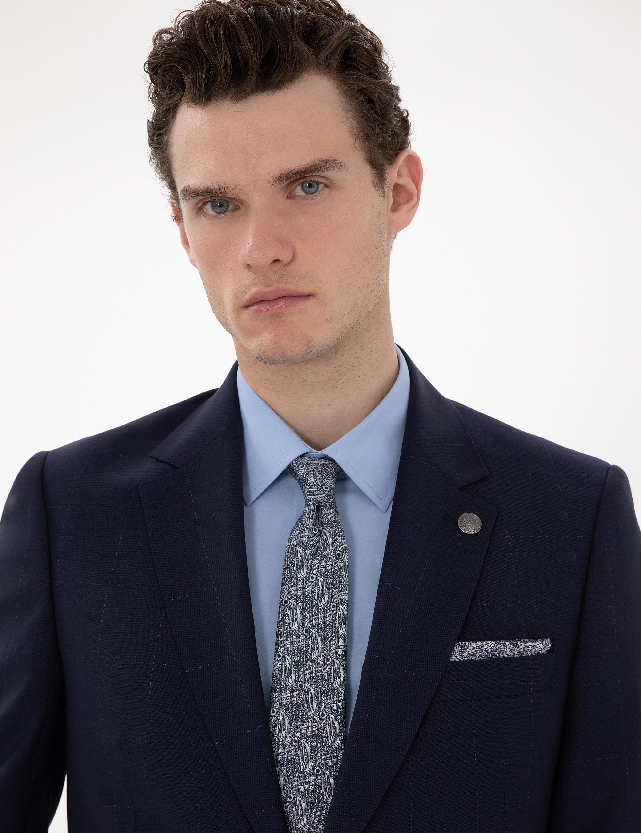 Lacivert Slim Fit %100 Yün Ekose Takım Elbise