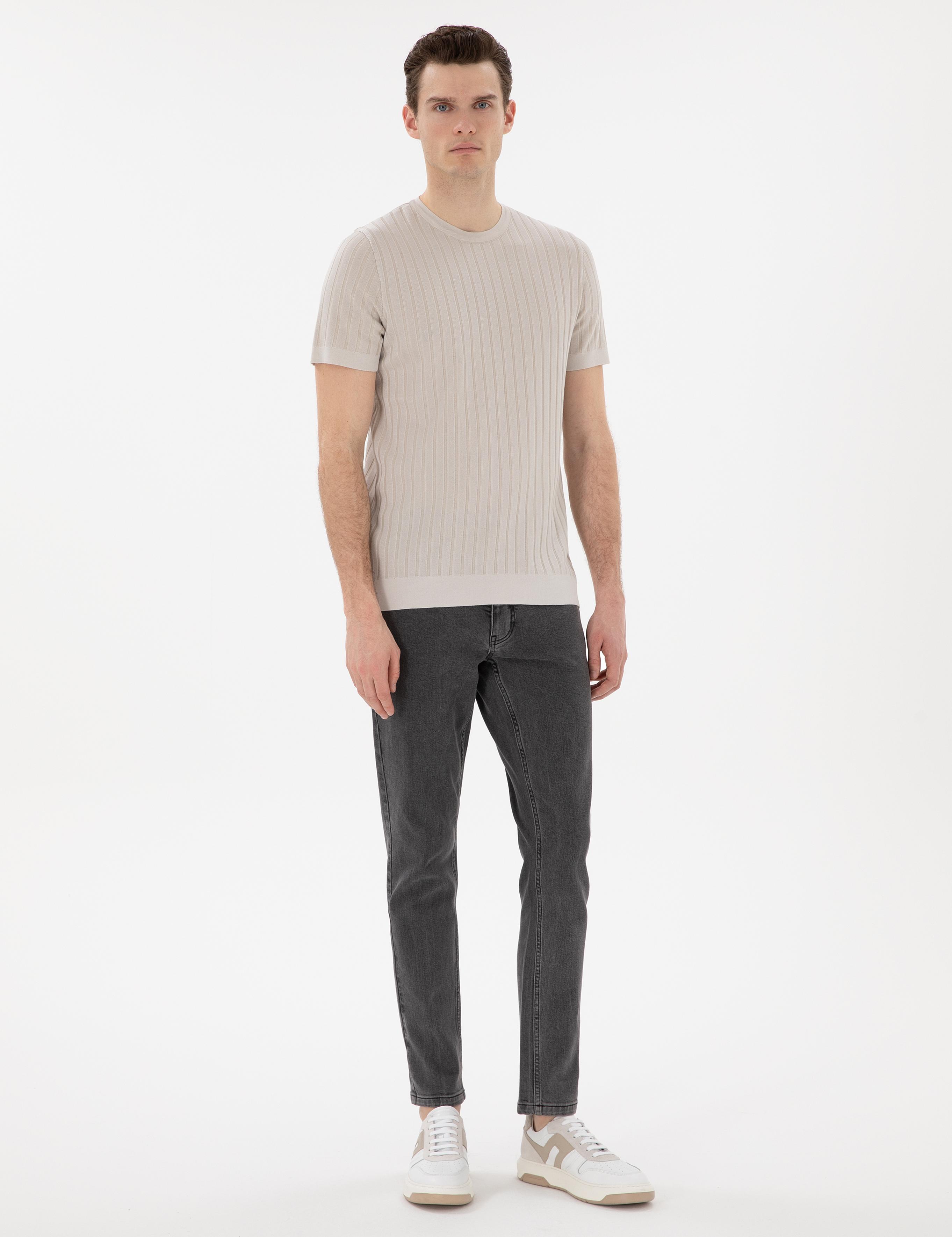 Bej Slim Fit Bisiklet Yaka Triko Tişört