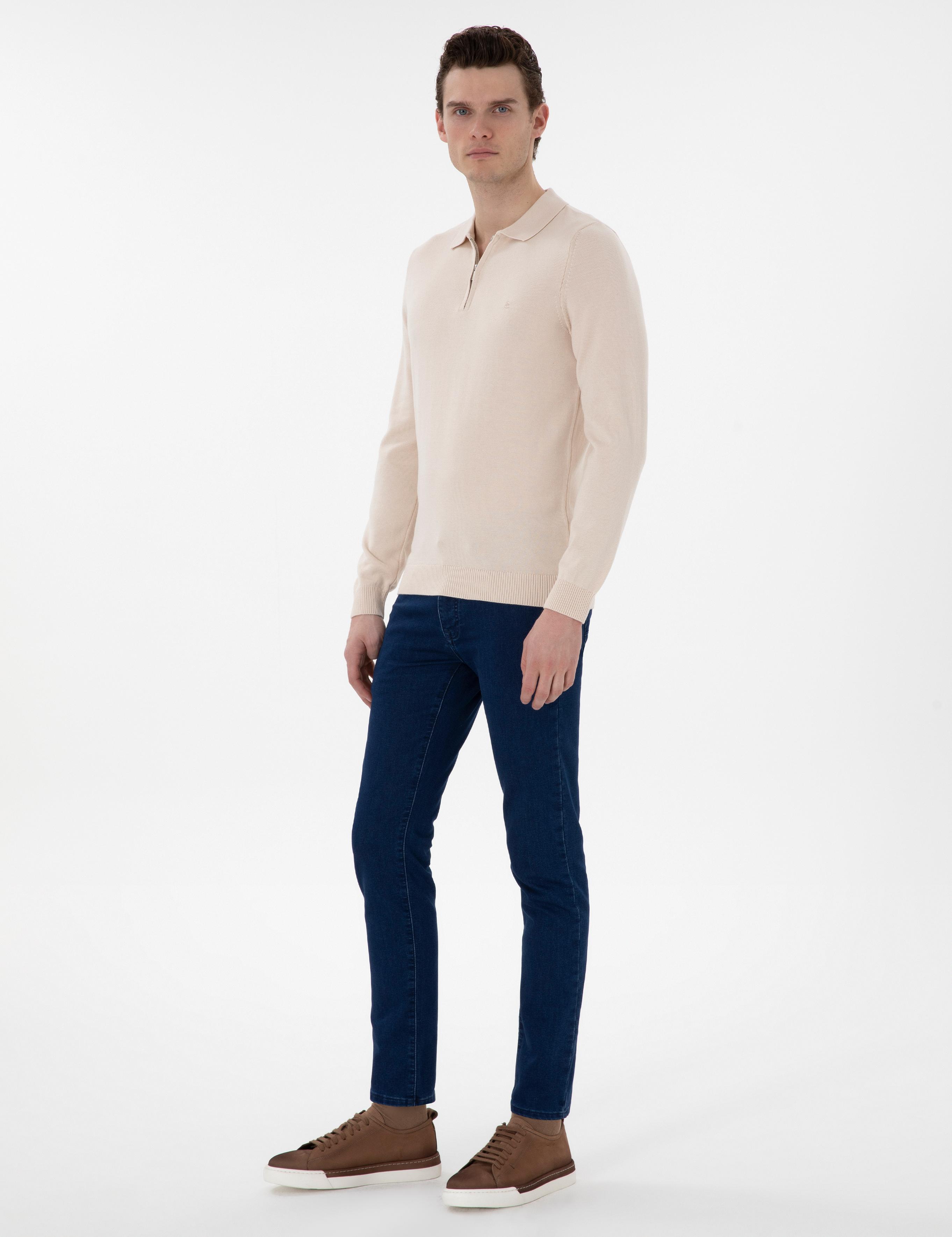 Bej Slim Fit Fermuarlı Polo Yaka Basic Triko Kazak