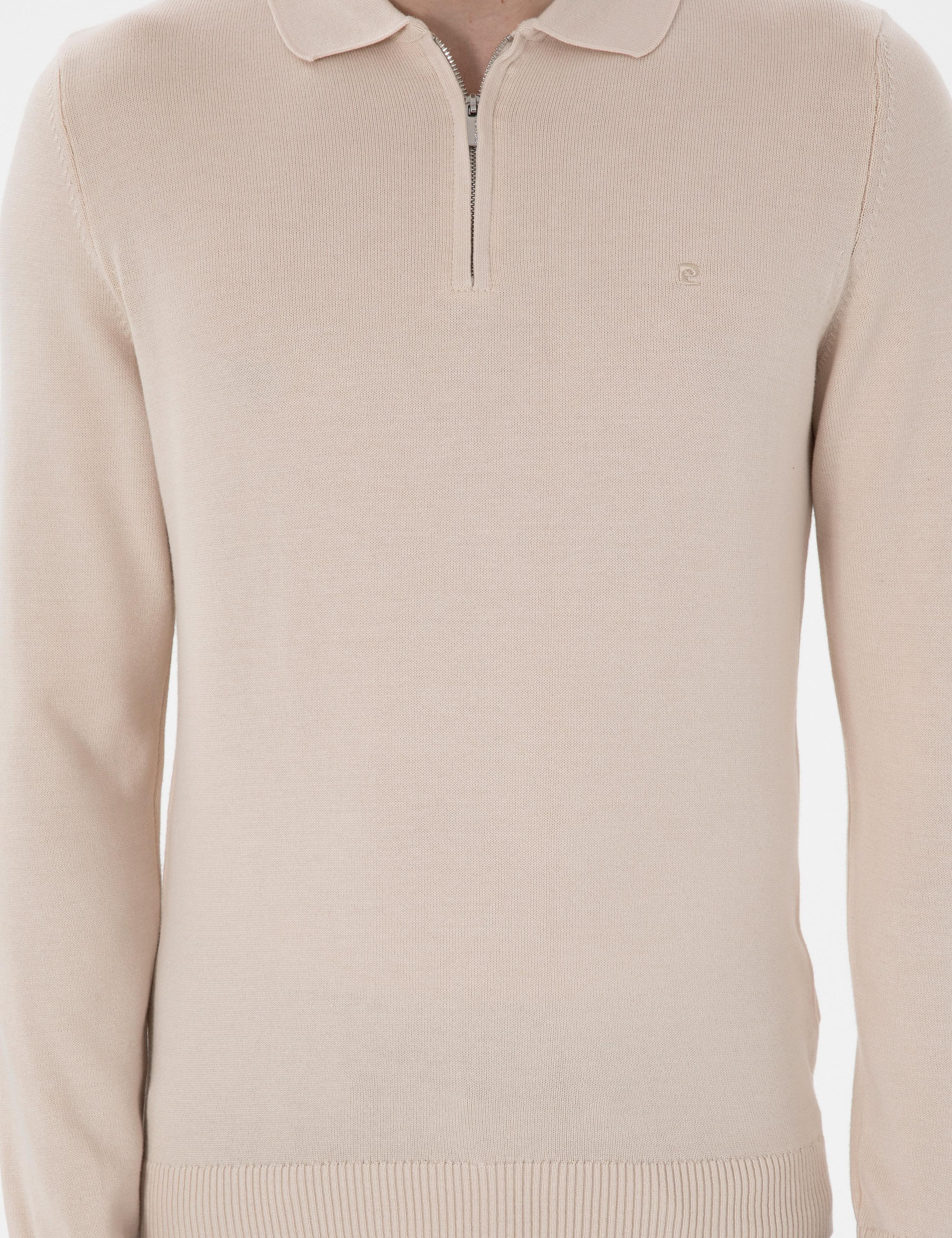 Bej Slim Fit Fermuarlı Polo Yaka Basic Triko Kazak