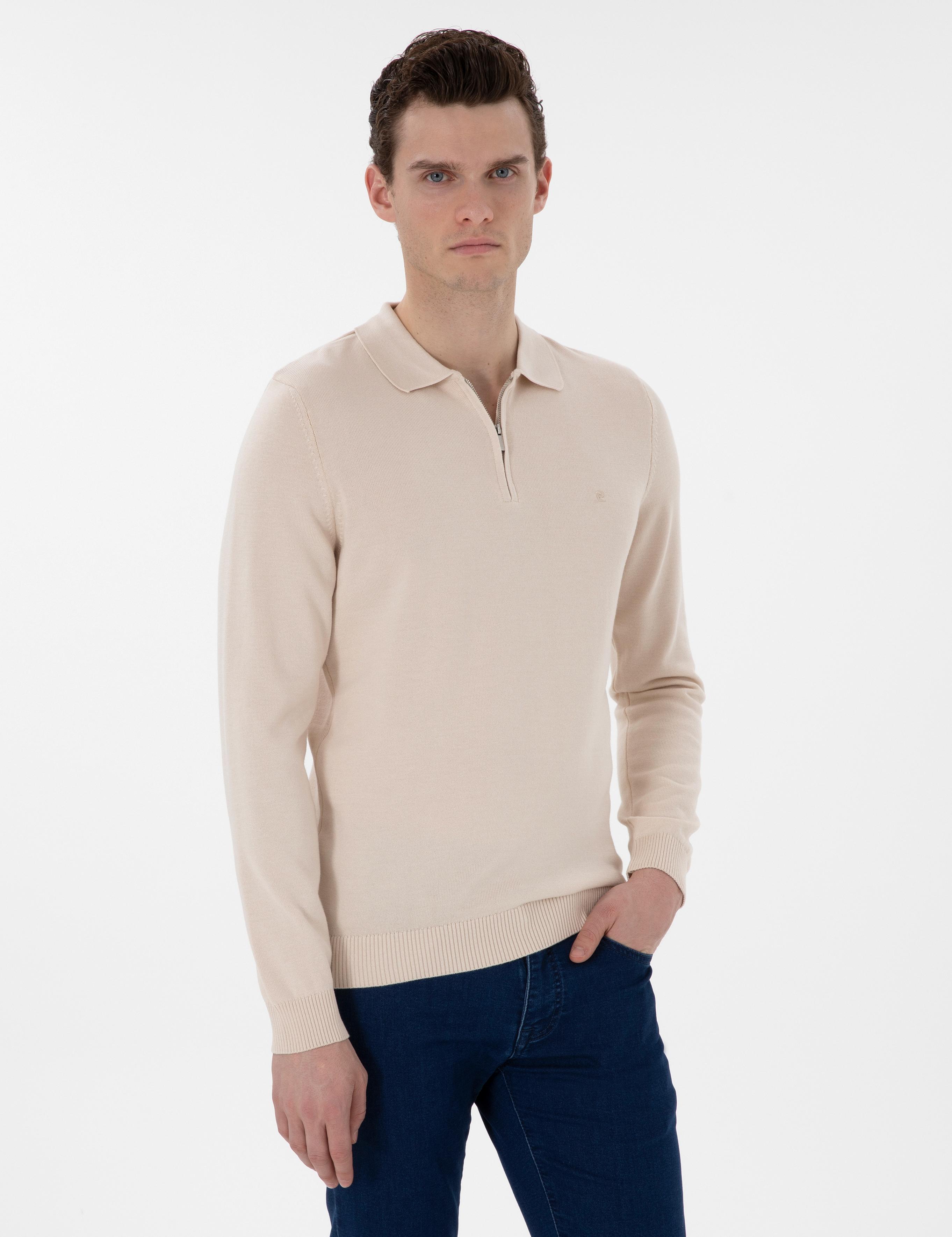 Bej Slim Fit Fermuarlı Polo Yaka Basic Triko Kazak
