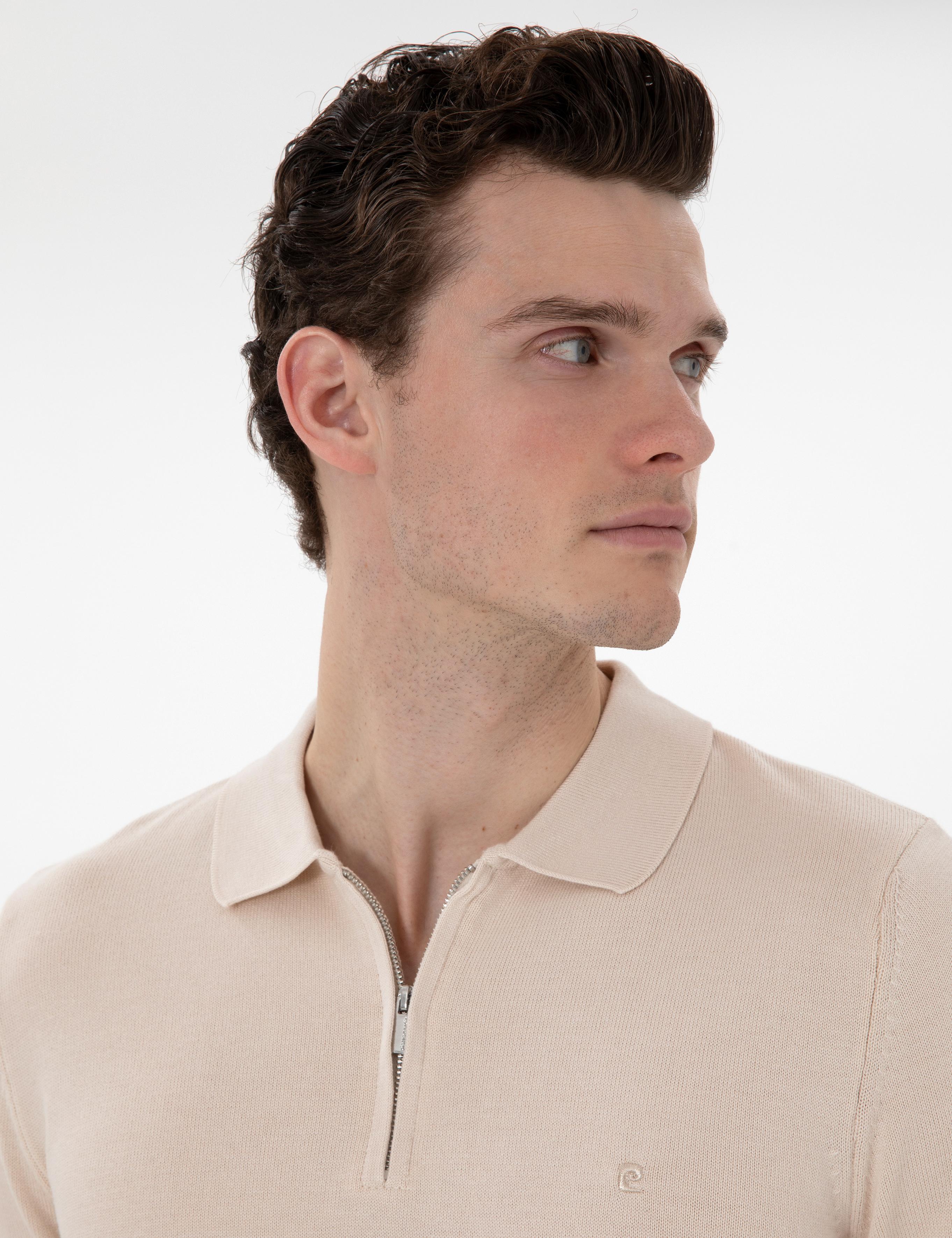 Bej Slim Fit Fermuarlı Polo Yaka Basic Triko Kazak