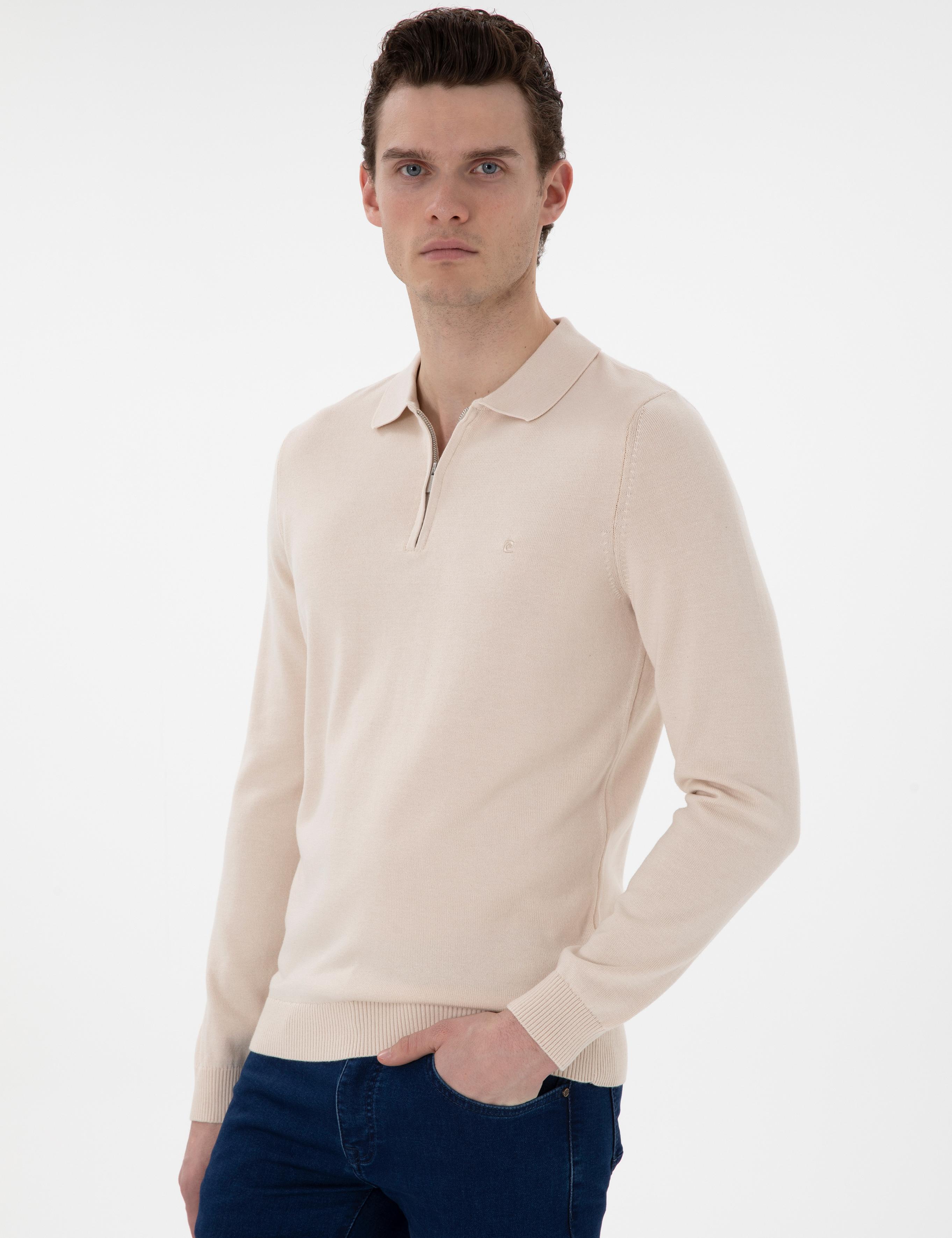 Bej Slim Fit Fermuarlı Polo Yaka Basic Triko Kazak