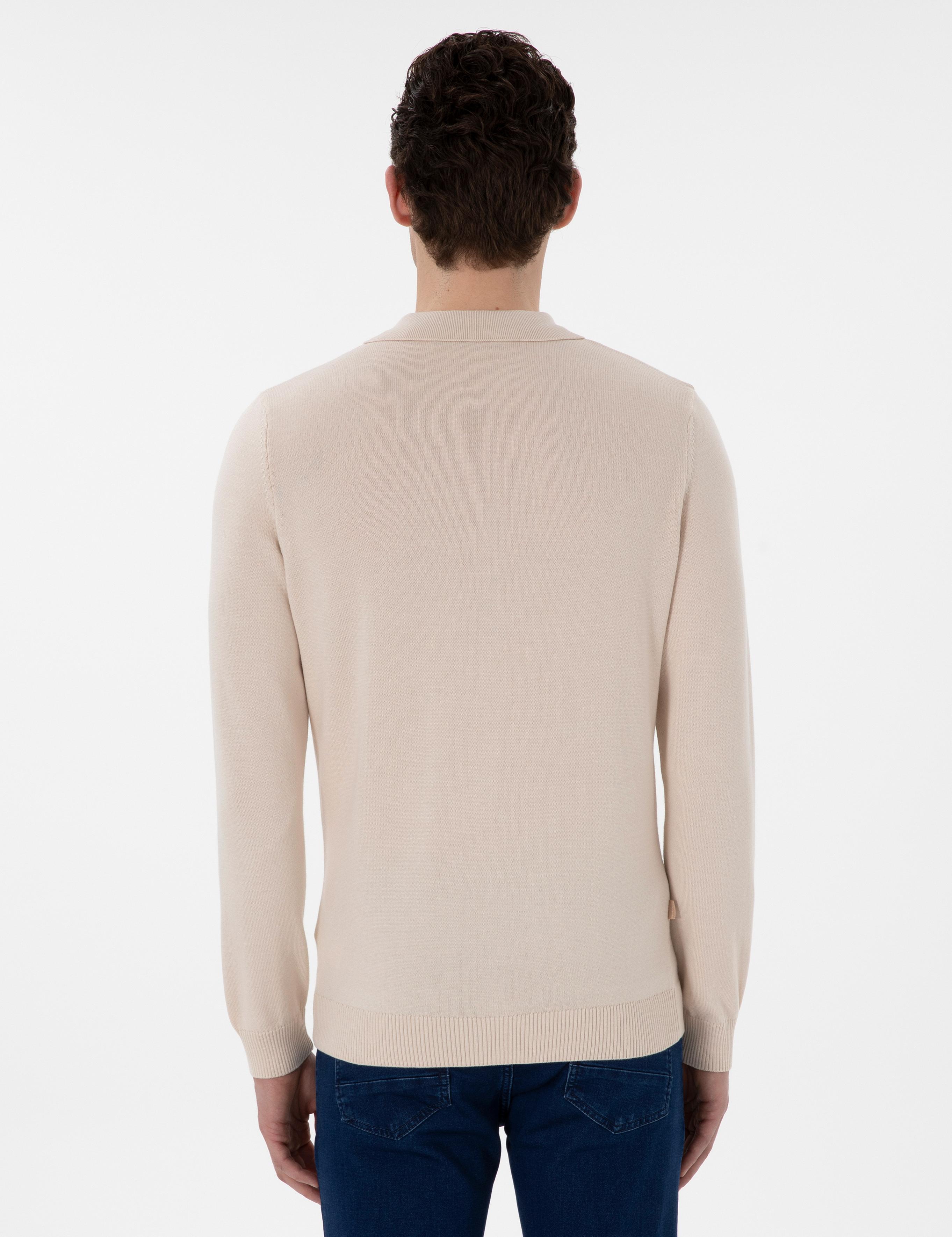 Bej Slim Fit Fermuarlı Polo Yaka Basic Triko Kazak