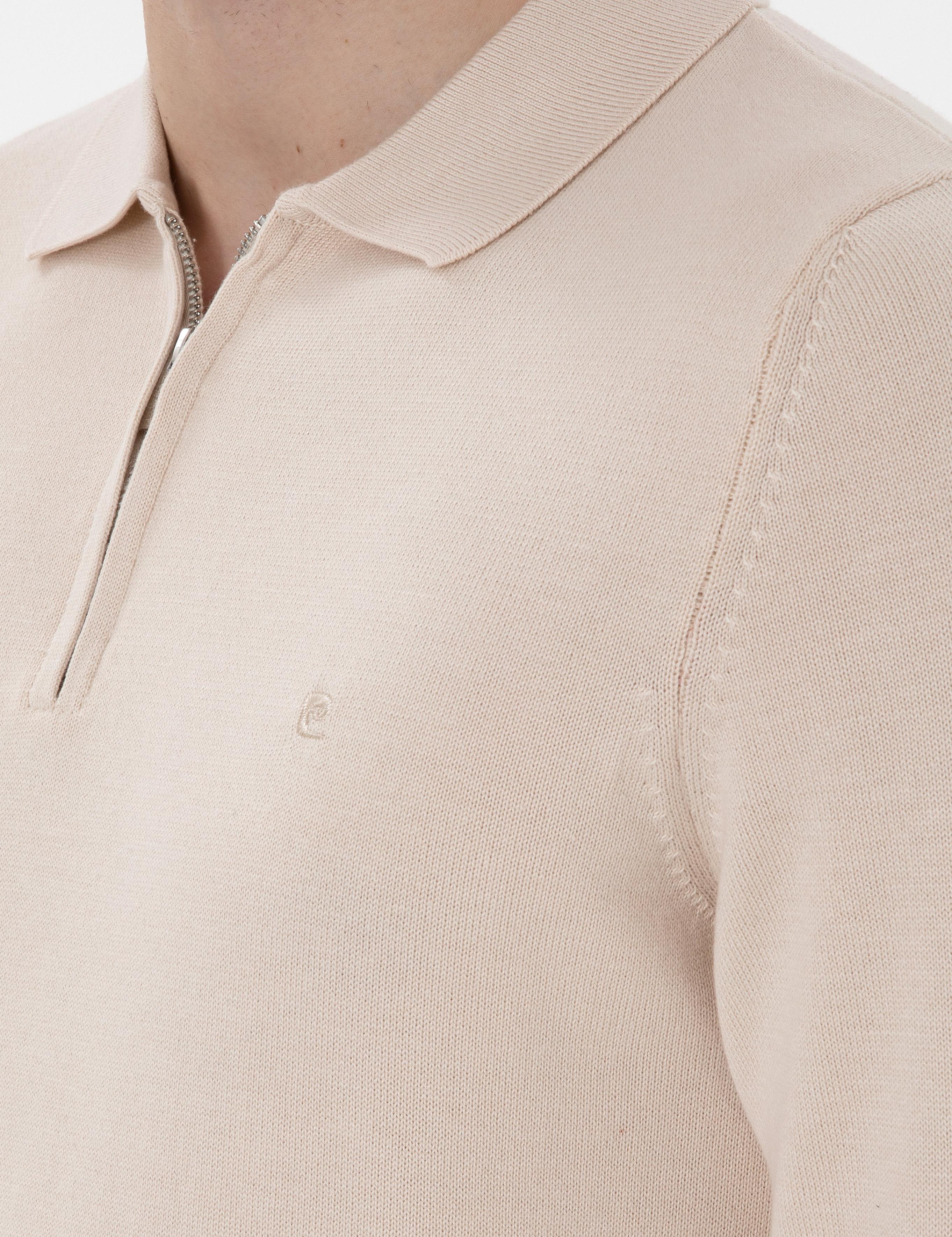 Bej Slim Fit Fermuarlı Polo Yaka Basic Triko Kazak